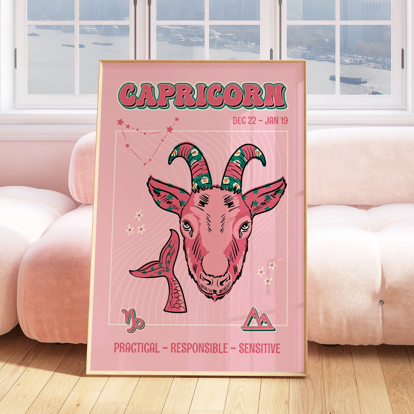 capricorn zodiac print retro style framed mockup trendy living room