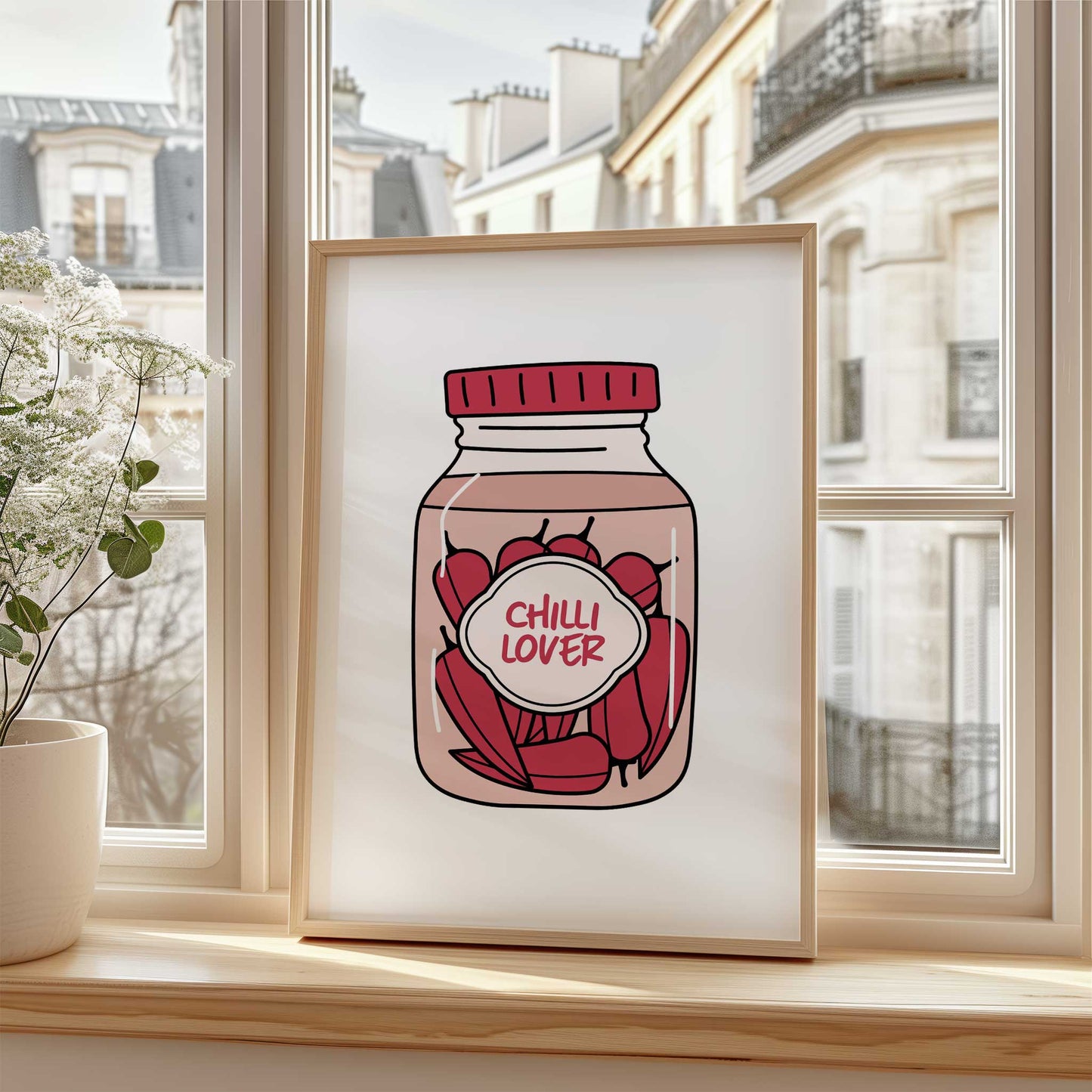 chilli lover print fun jar chillies illustration framed mockup kitchen counter