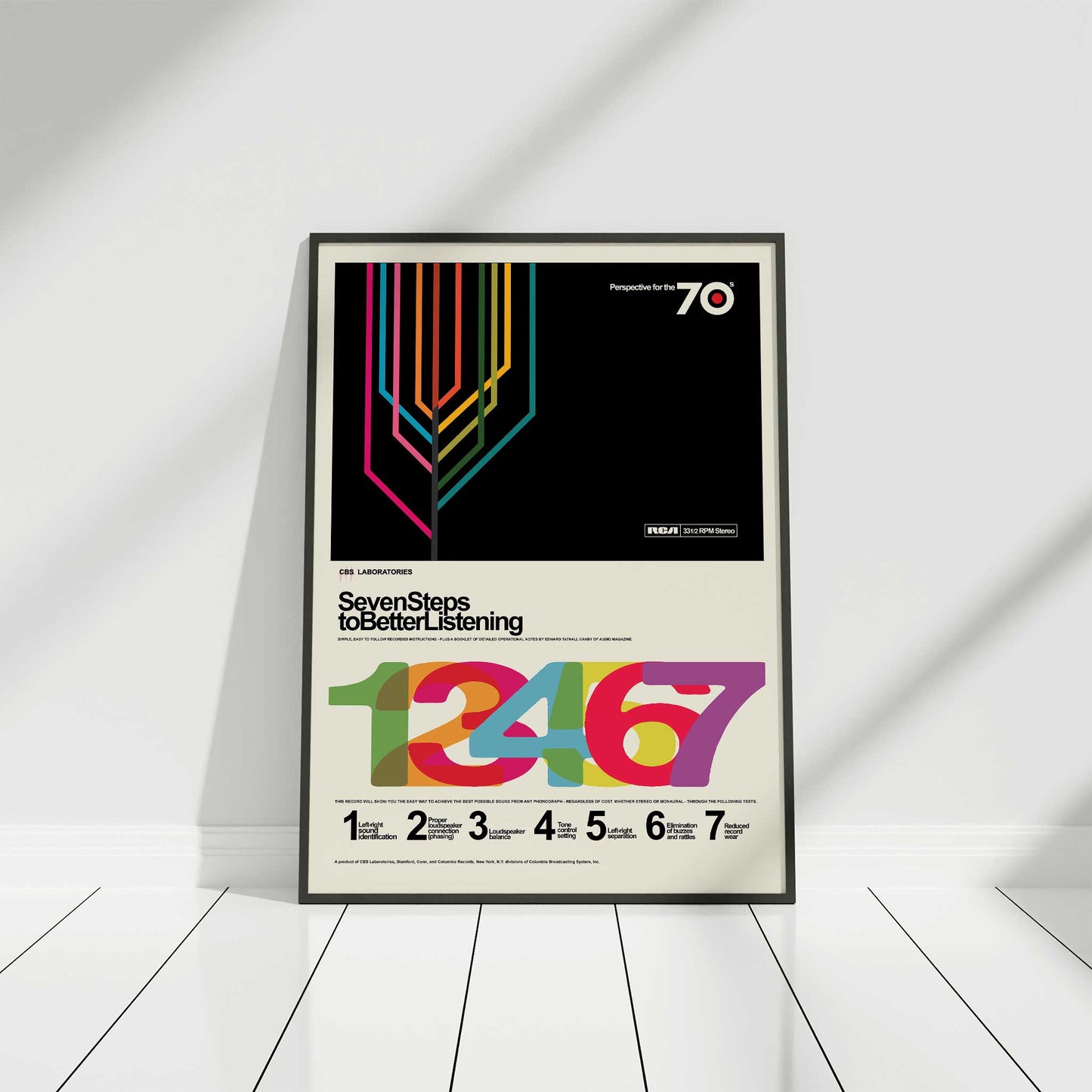 music print vintage vinyl record art mockup black frame floor white wall