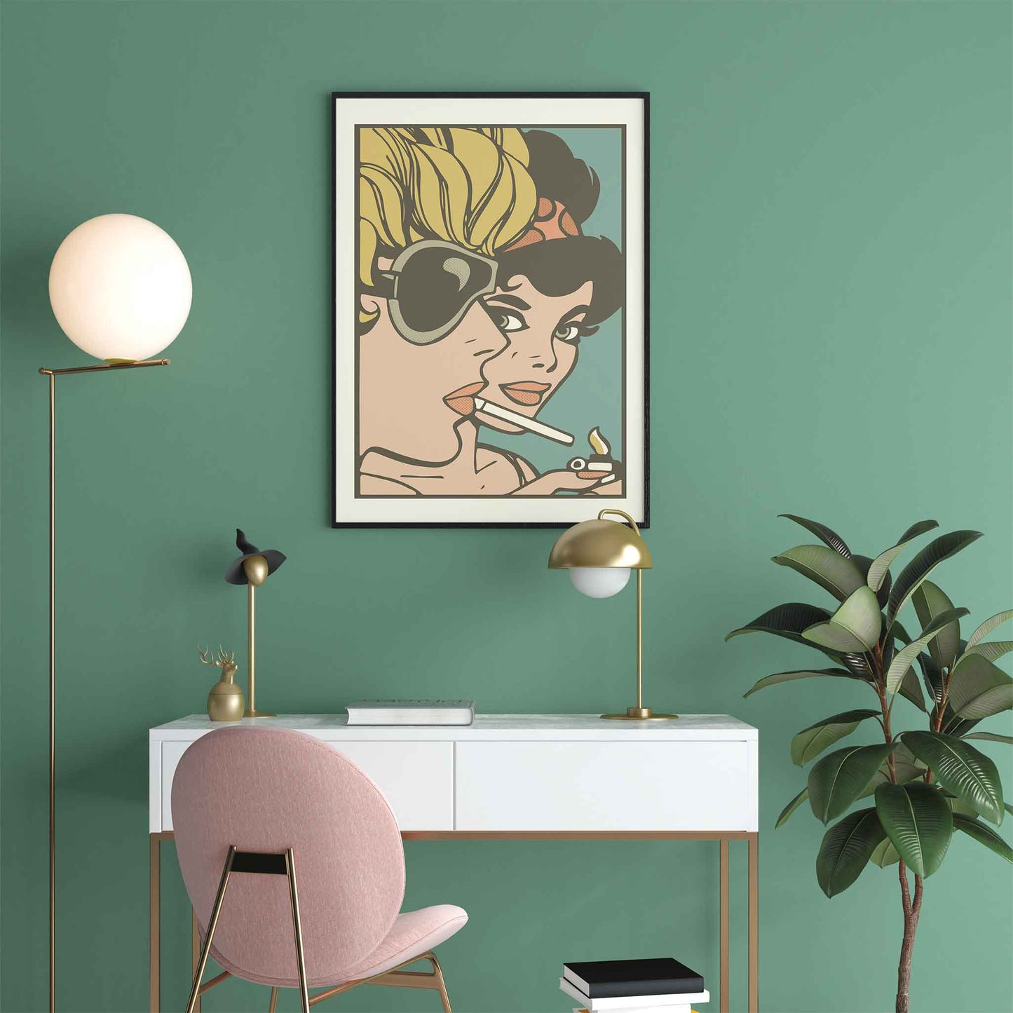 pop art print comic book girls green mockup black frame wall office