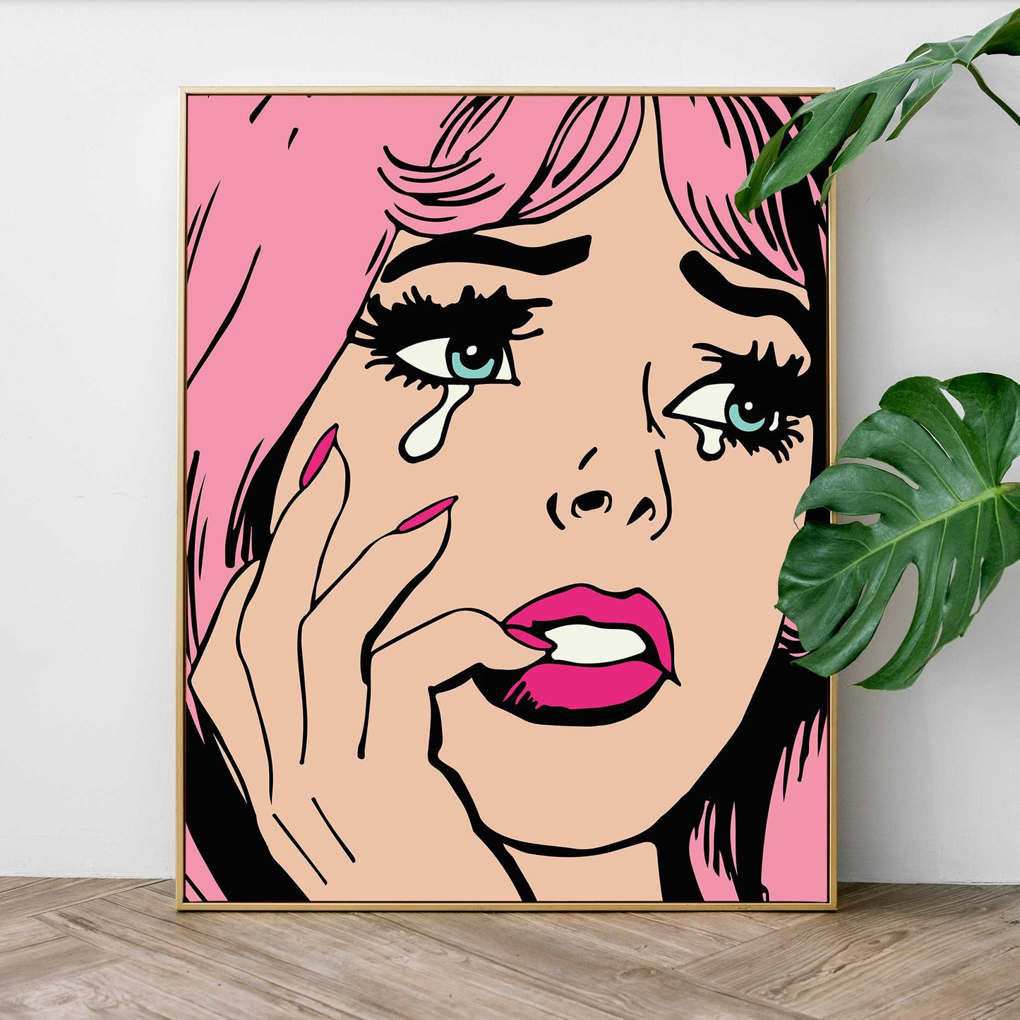 pop art print crying girl pink mockup gold frame floor
