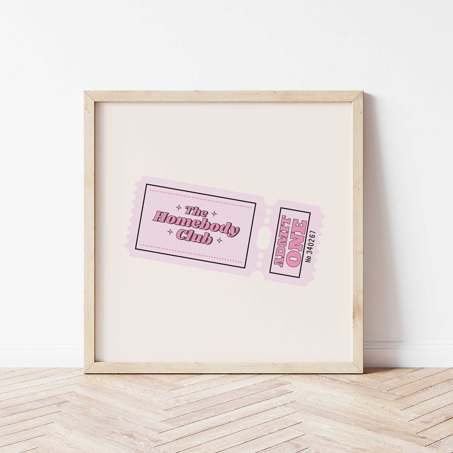 vintage ticket print the homebody club pink color mockup light wooden frame wooden floor