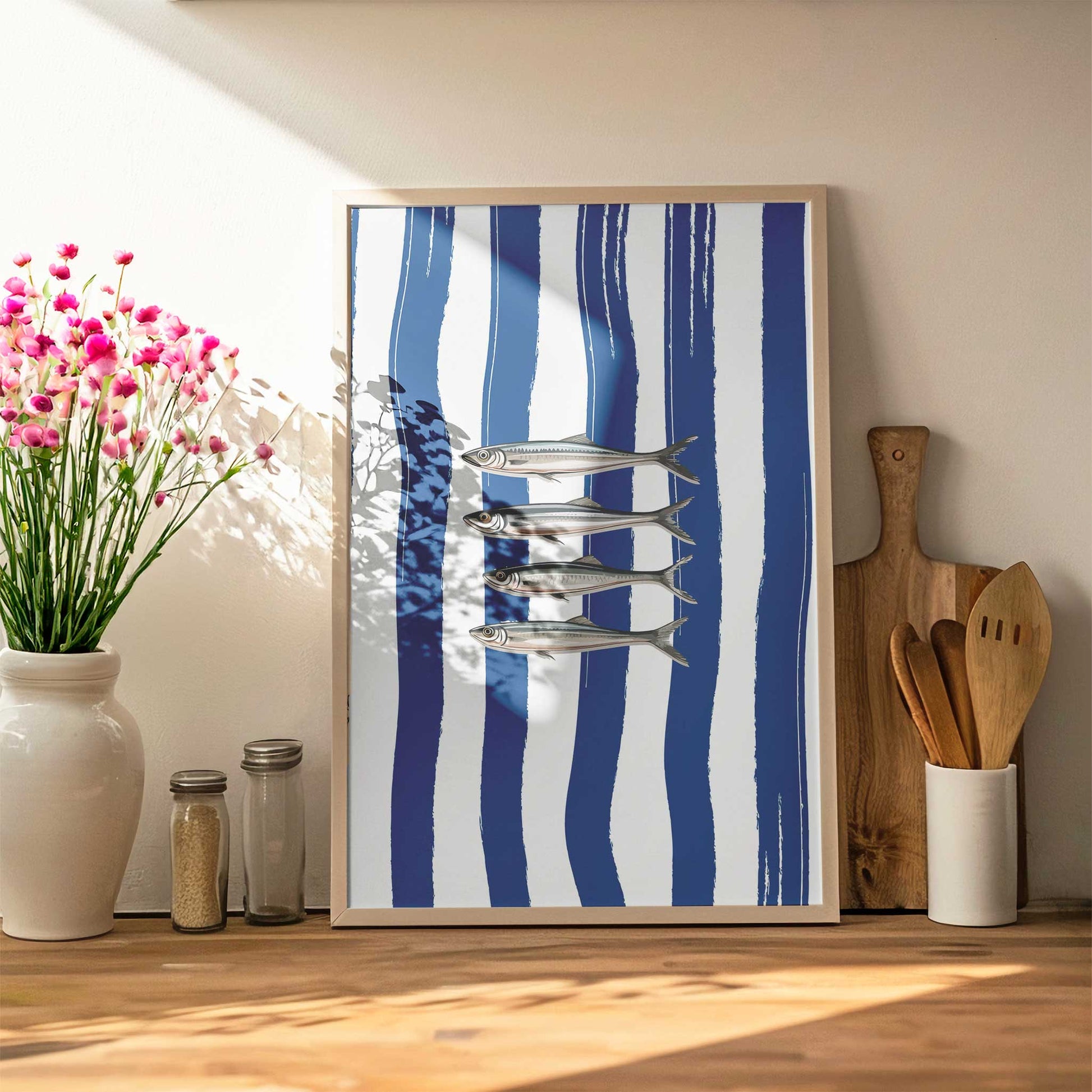 anchovies print blue framed mockup trendy kitchen counter