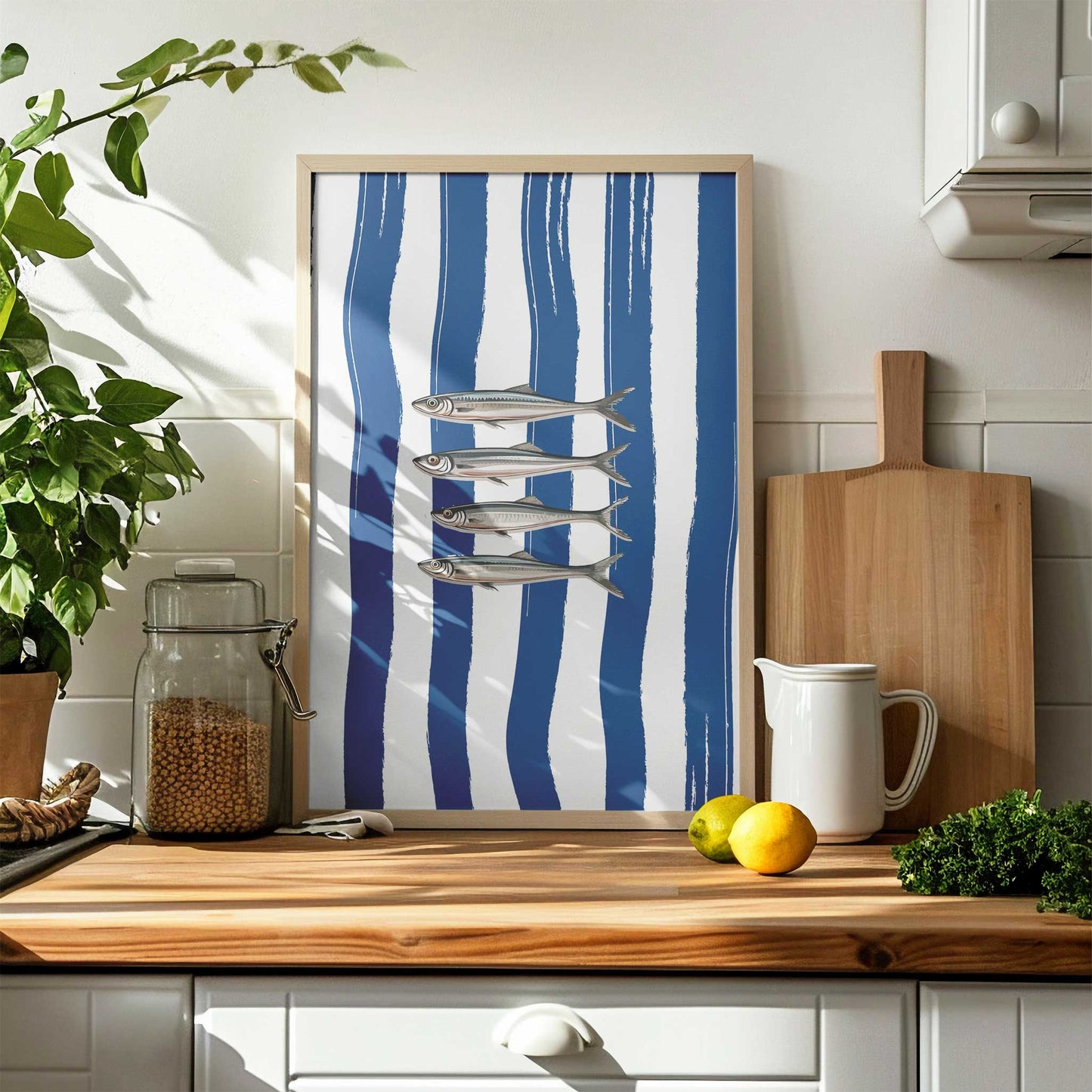 anchovies print blue framed mockup trendy kitchen counter