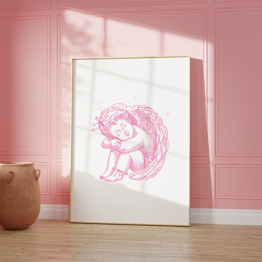 angel art print dreaming cherub pink mockup light frame pink panel room