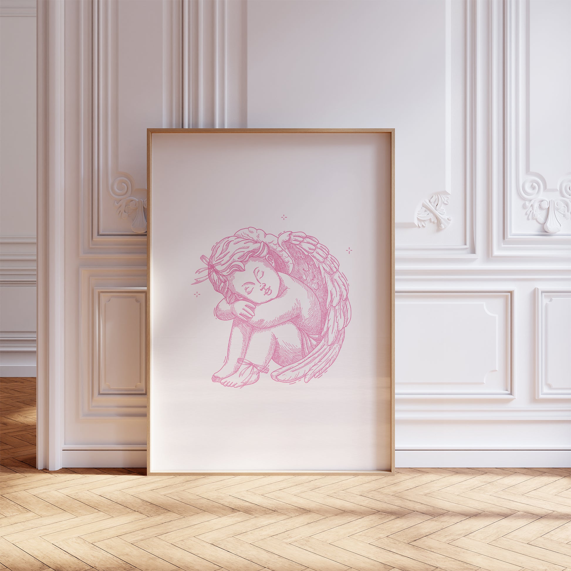 angel art print dreaming cherub pink mockup light frame white panel room