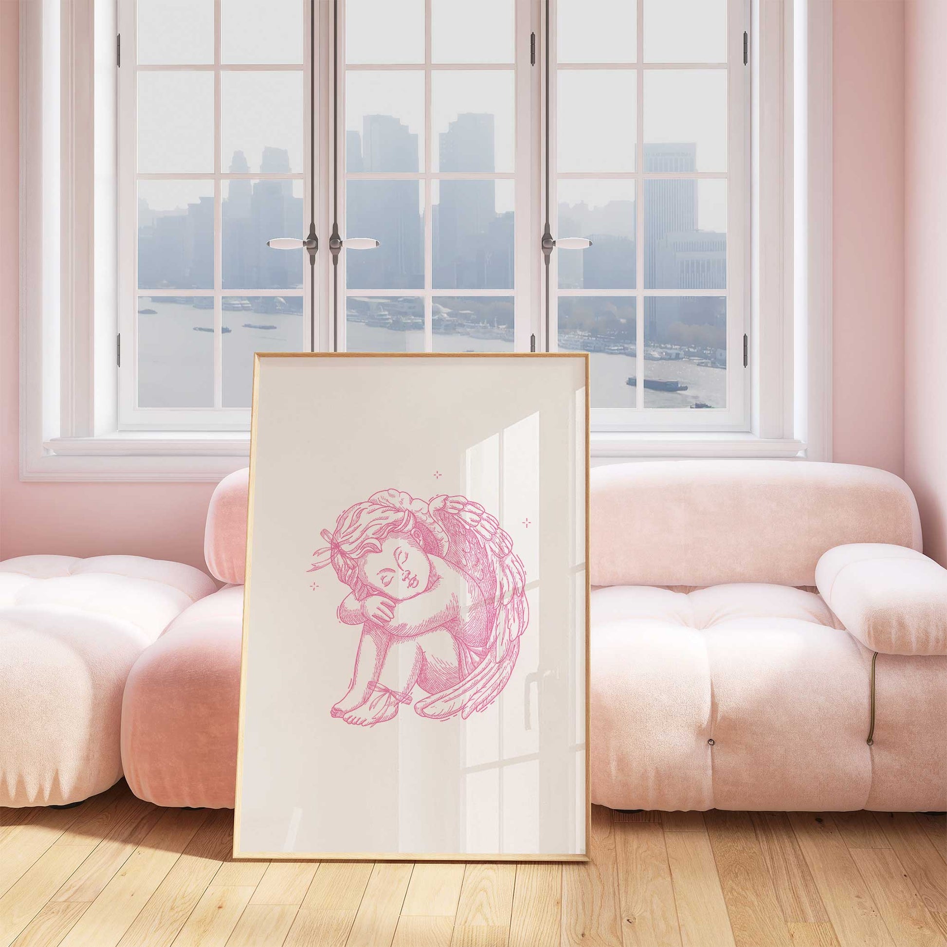 angel art print dreaming cherub pink mockup light frame pink sofa