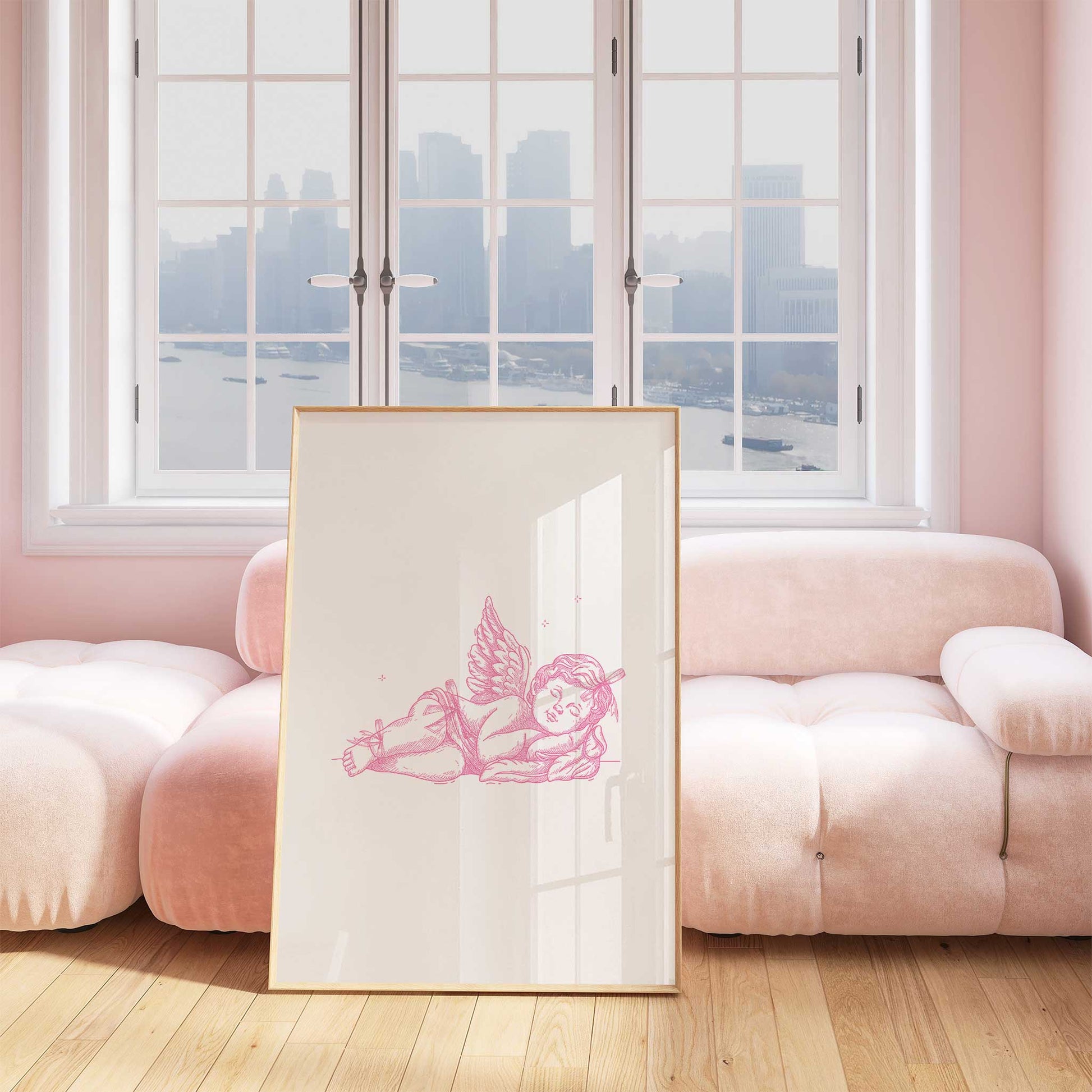 angel art print sleeping cherub pink mockup light frame pink sofa