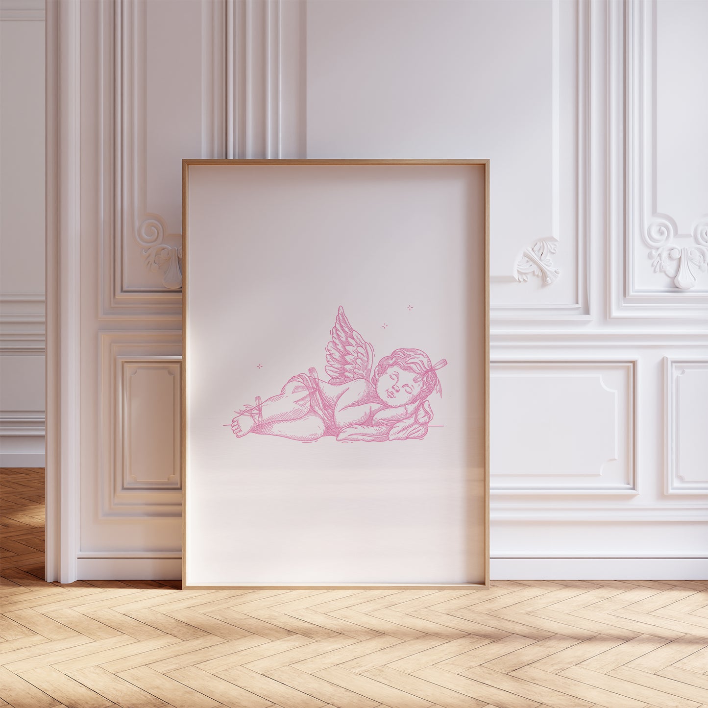 angel art print sleeping cherub pink mockup light frame panel room