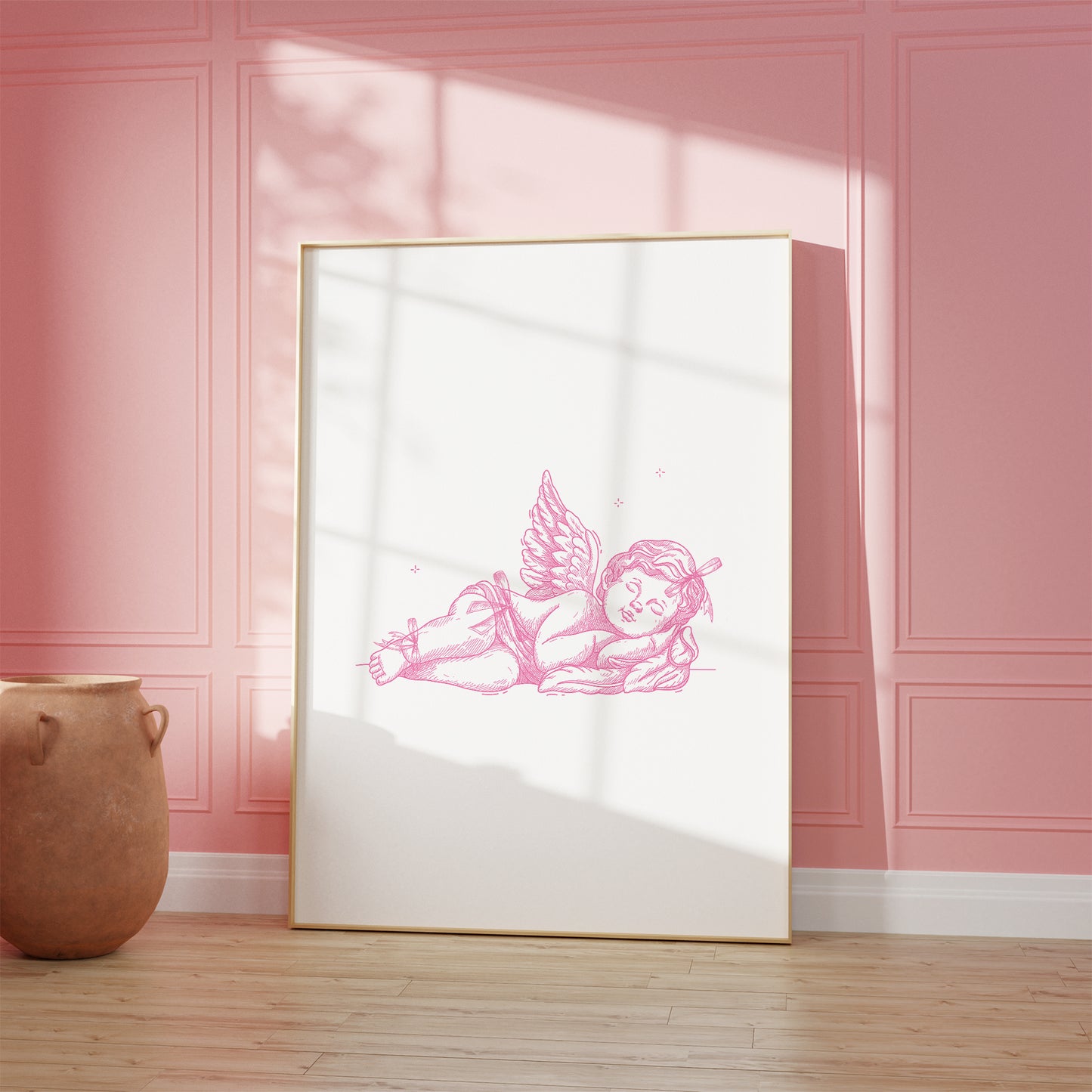 angel art print sleeping cherub pink mockup light frame pink panel walls