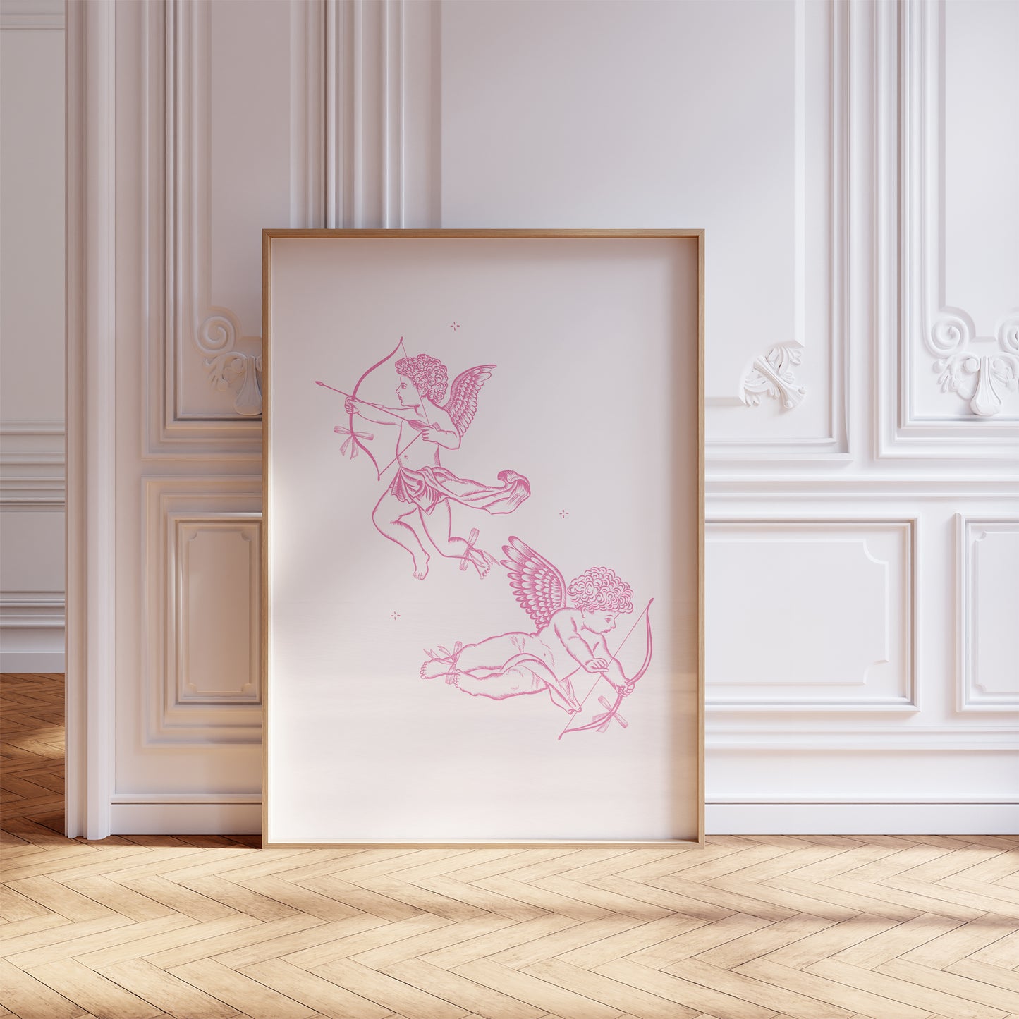 angel art print two cherubs pink mockup gold frame