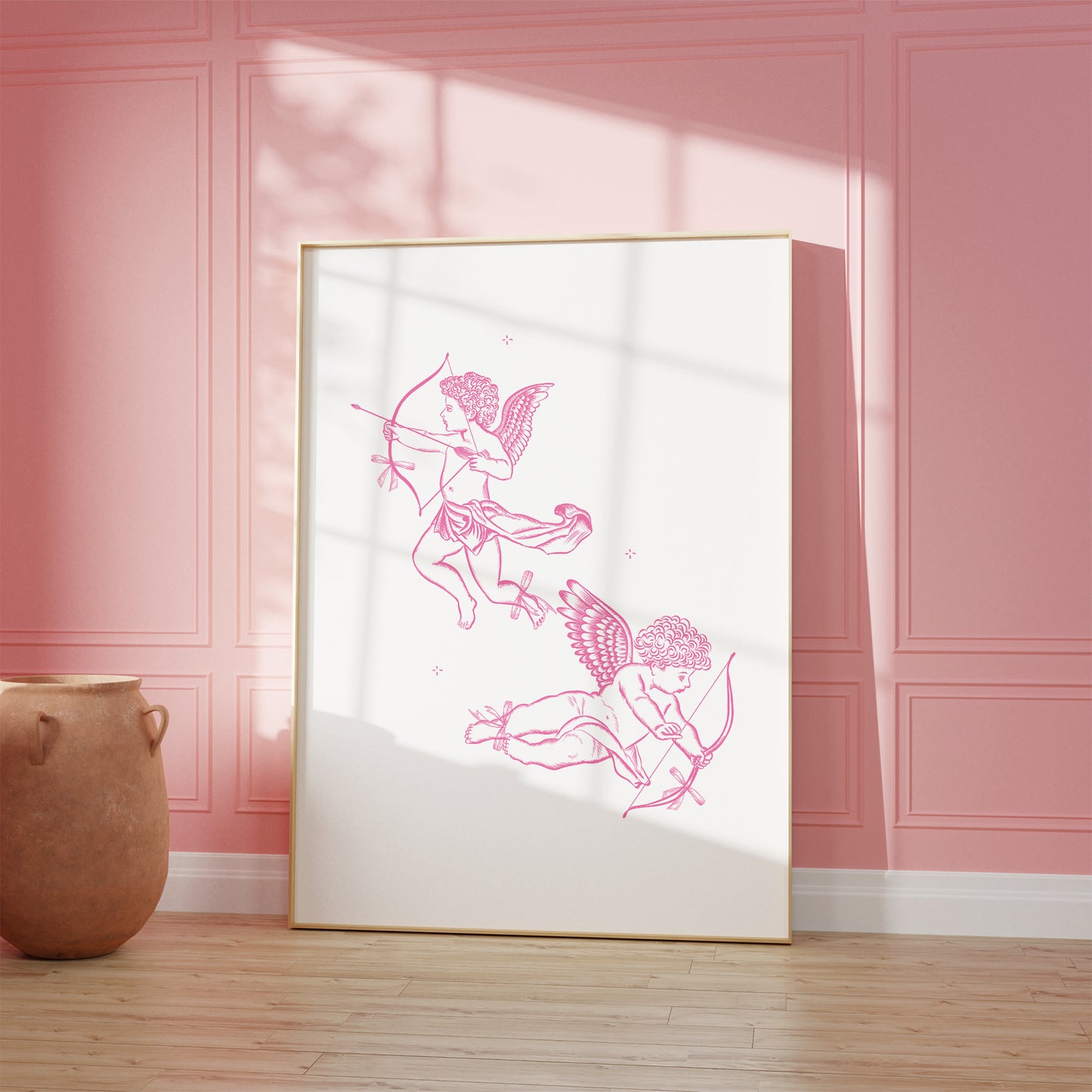 angel art print two cherubs pink mockup wooden frame pink background