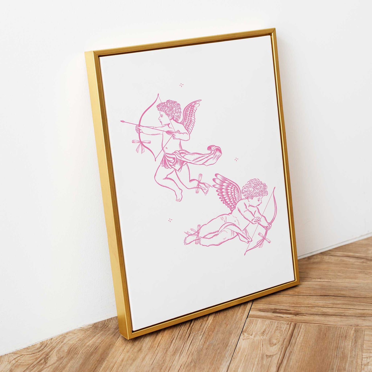 angel art print two cherubs pink mockup thick gold frame