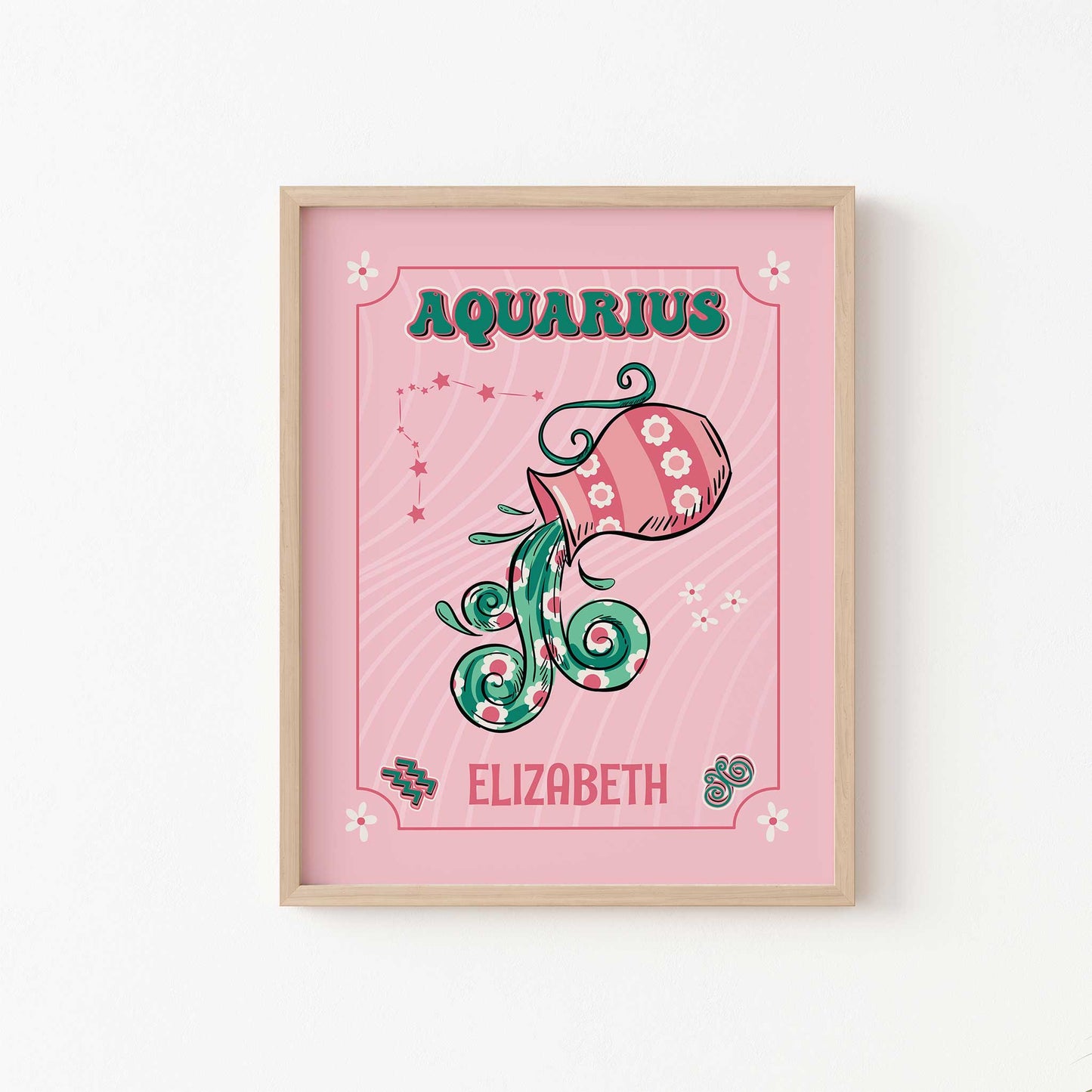 personalised aquaurius zodiac print wooden frame mockup