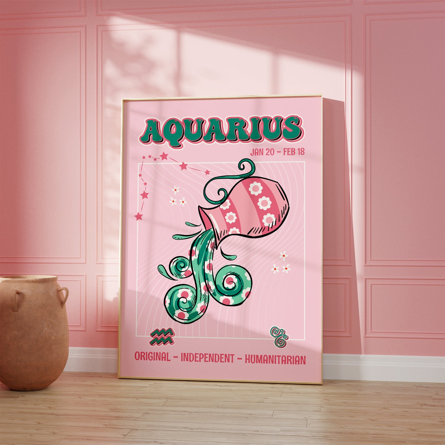 aquarius zodiac print retro style framed mockup trendy living room