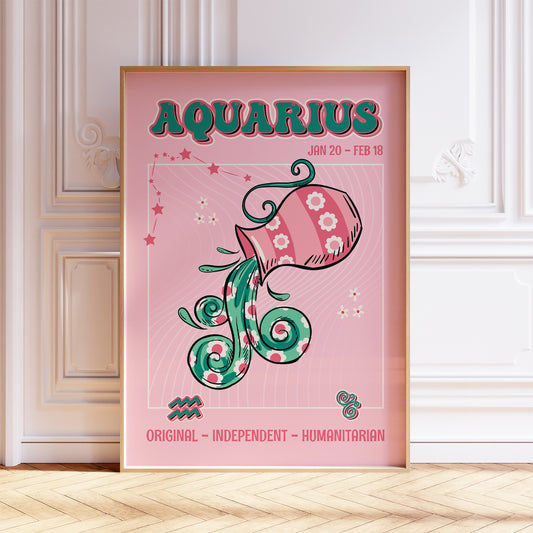 aquarius zodiac print retro style framed mockup trendy living room