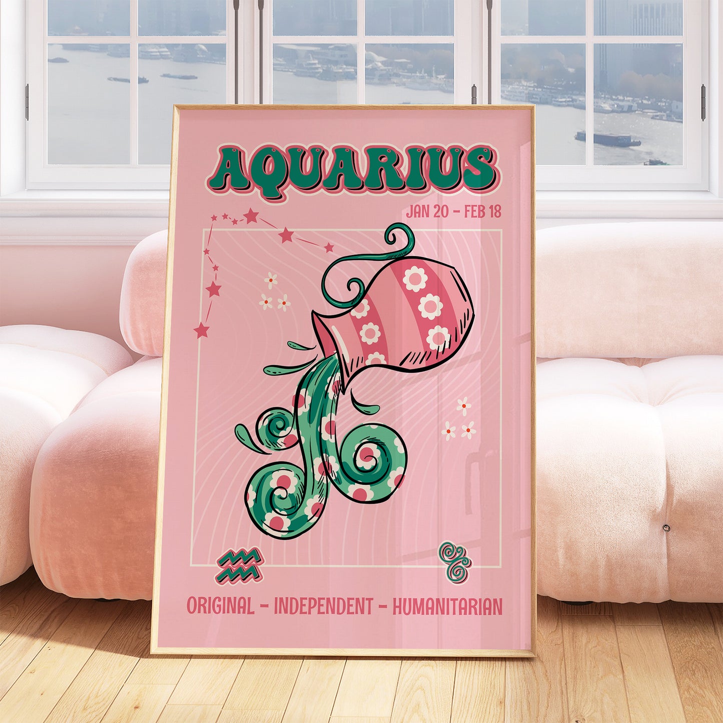 aquarius zodiac print retro style framed mockup trendy living room