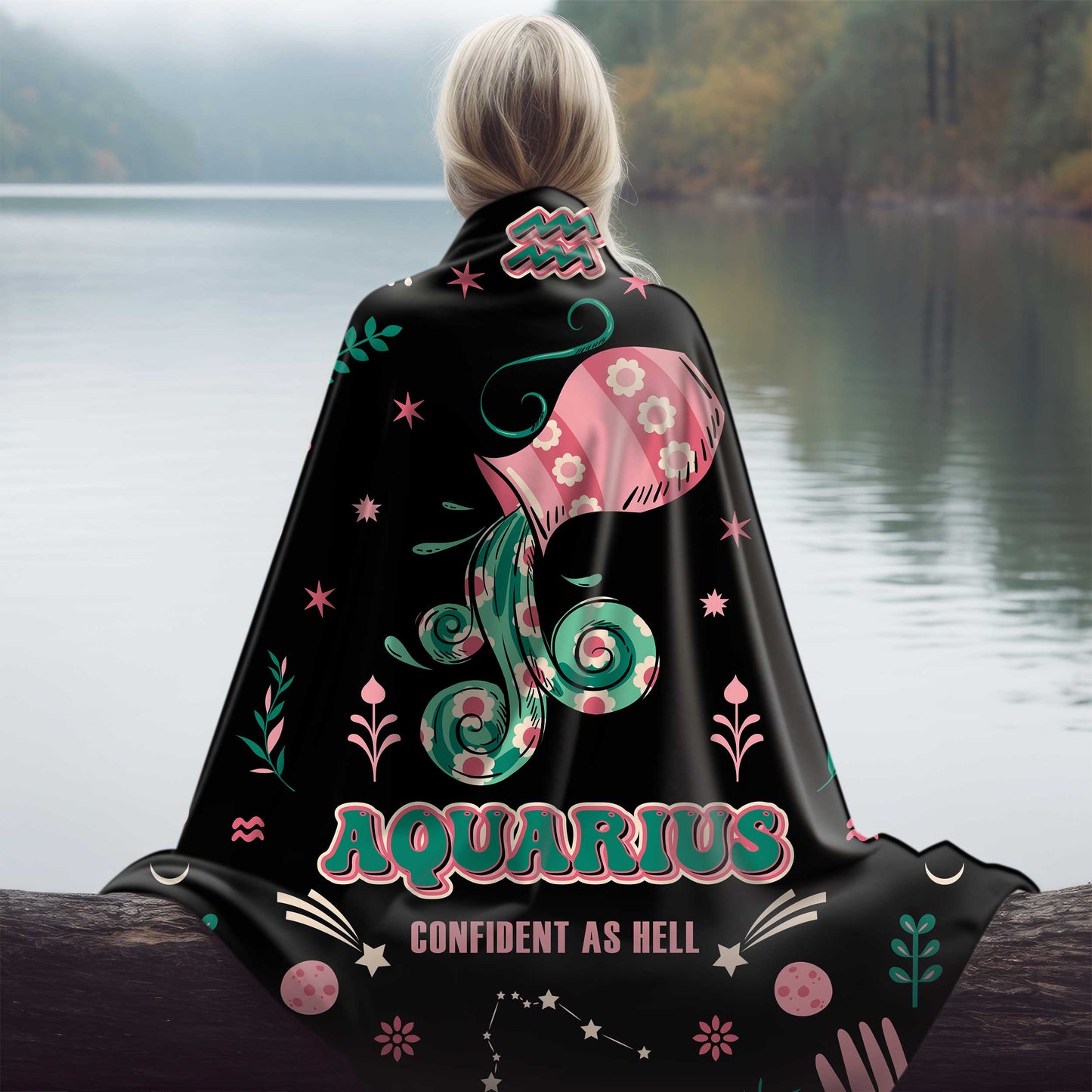 aquarius zodiac sherpa blanket draped on girl by river