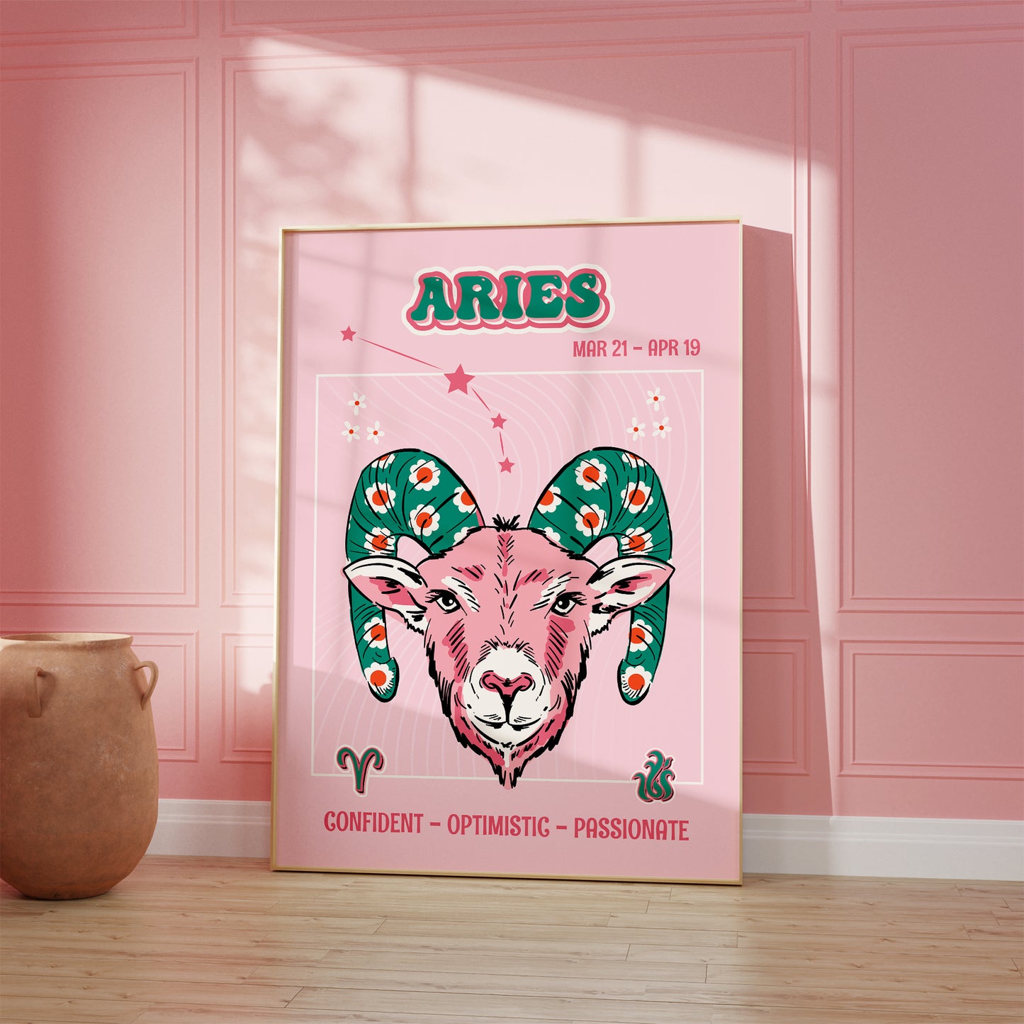 aries zodiac print retro style framed mockup trendy living room