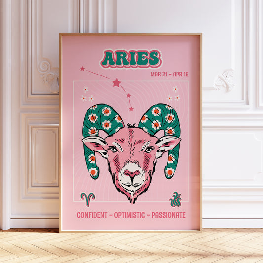 aries zodiac print retro style framed mockup trendy living room