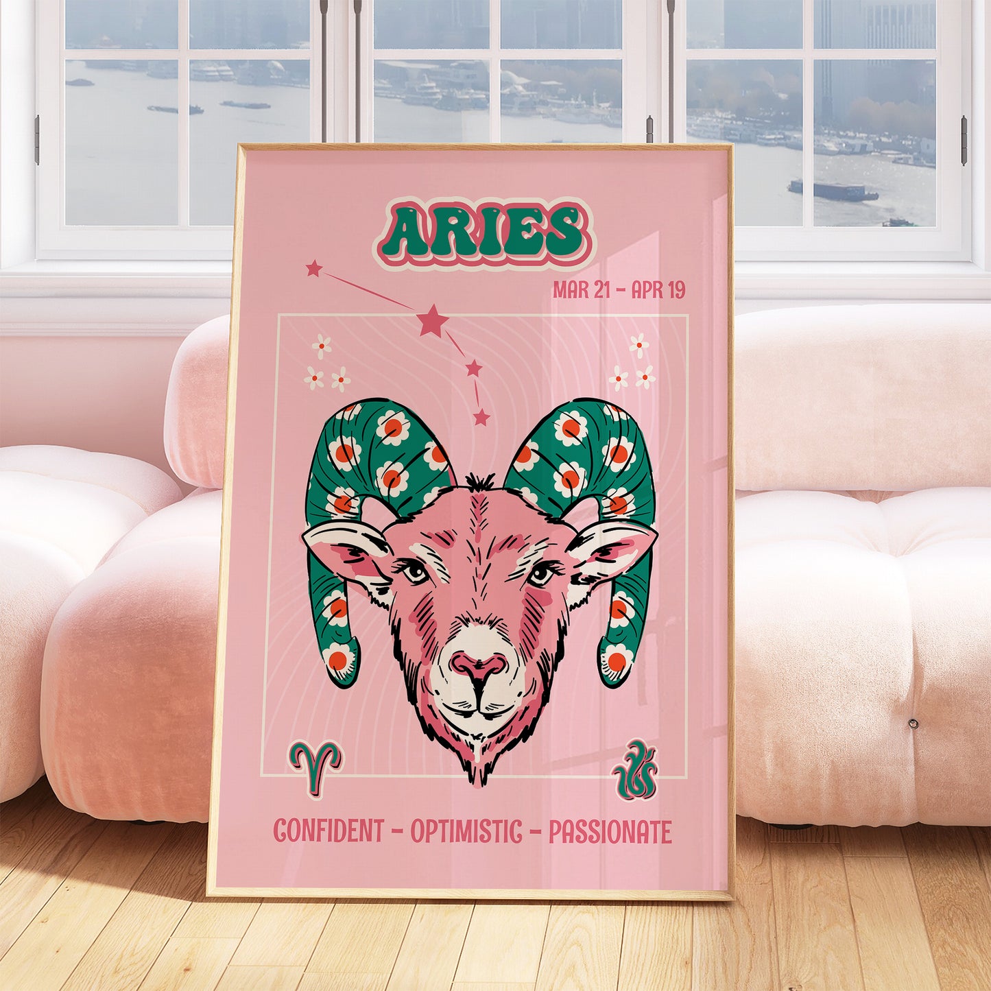 aries zodiac print retro style framed mockup trendy living room