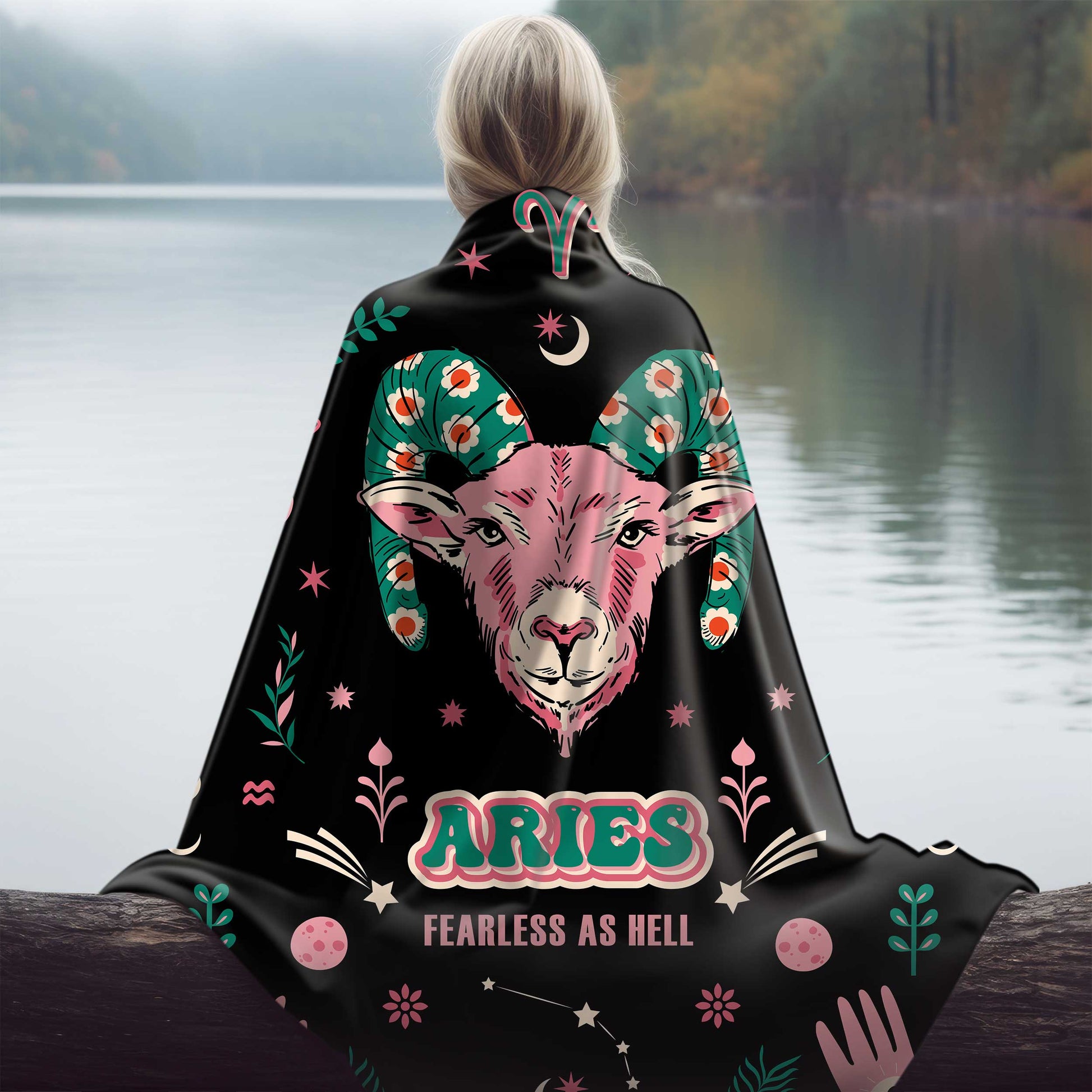 Aries zodiac sherpa blanket draped girl by river