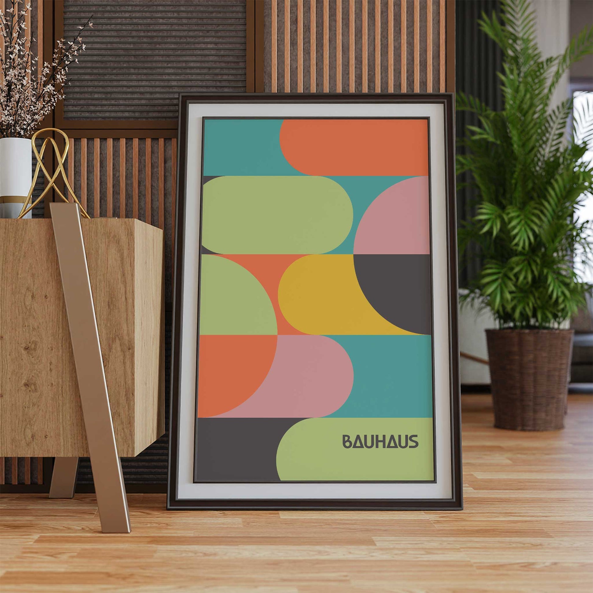 bauhaus print bright multicolor mockup dark wood frame