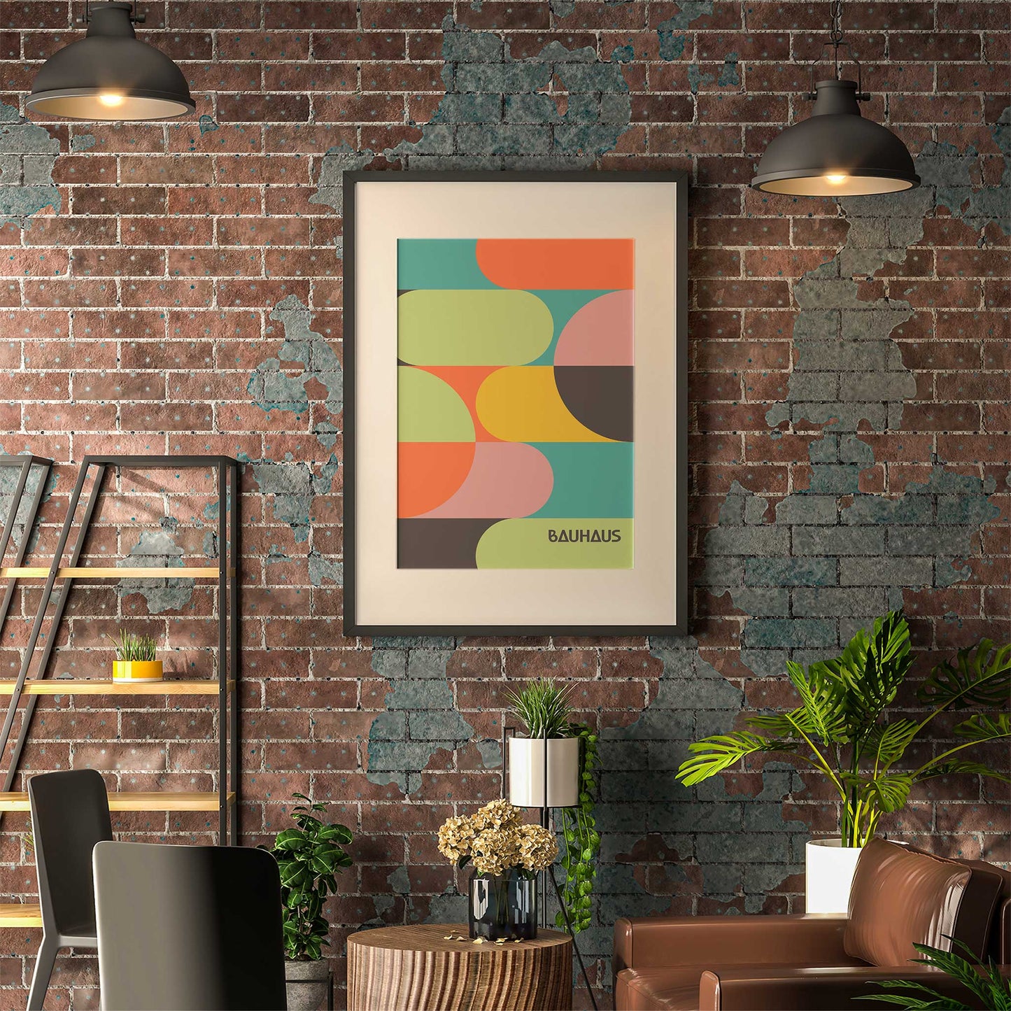 bauhaus print bright multicolor mockup brick wall dark wood frame