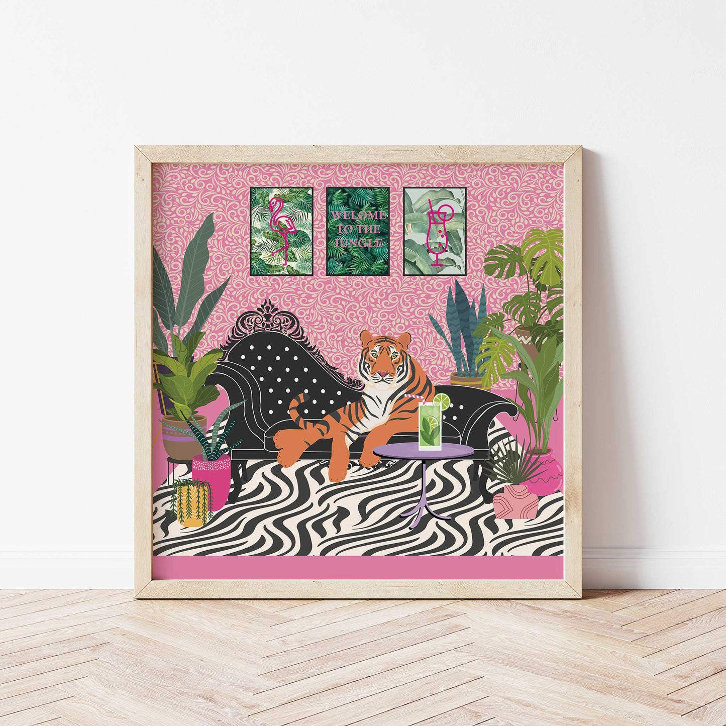 botanical tiger print mockup light wood frame wooden floor