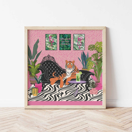 botanical tiger print mockup light wood frame wooden floor