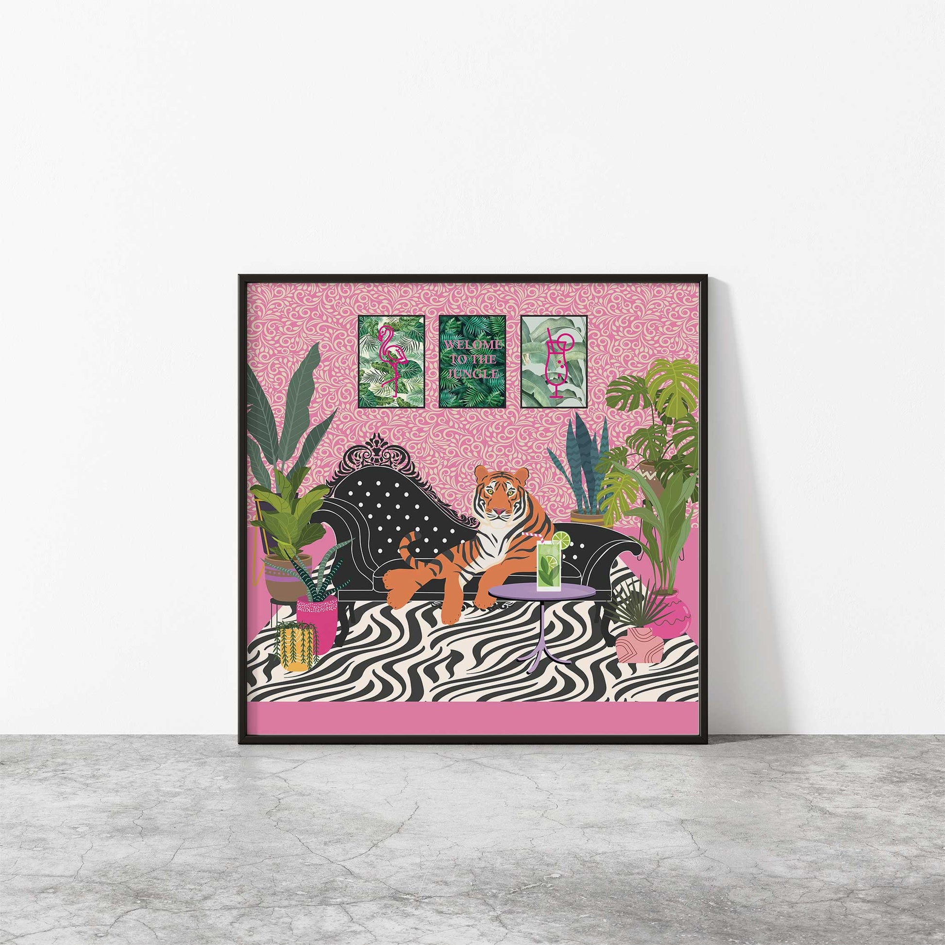 botanical tiger print mockup black wood frame concrete floor