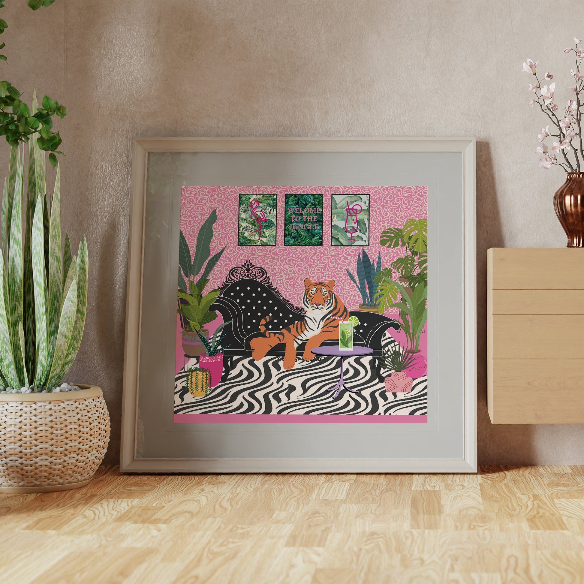 botanical tiger print mockup light wood frame trendy living room