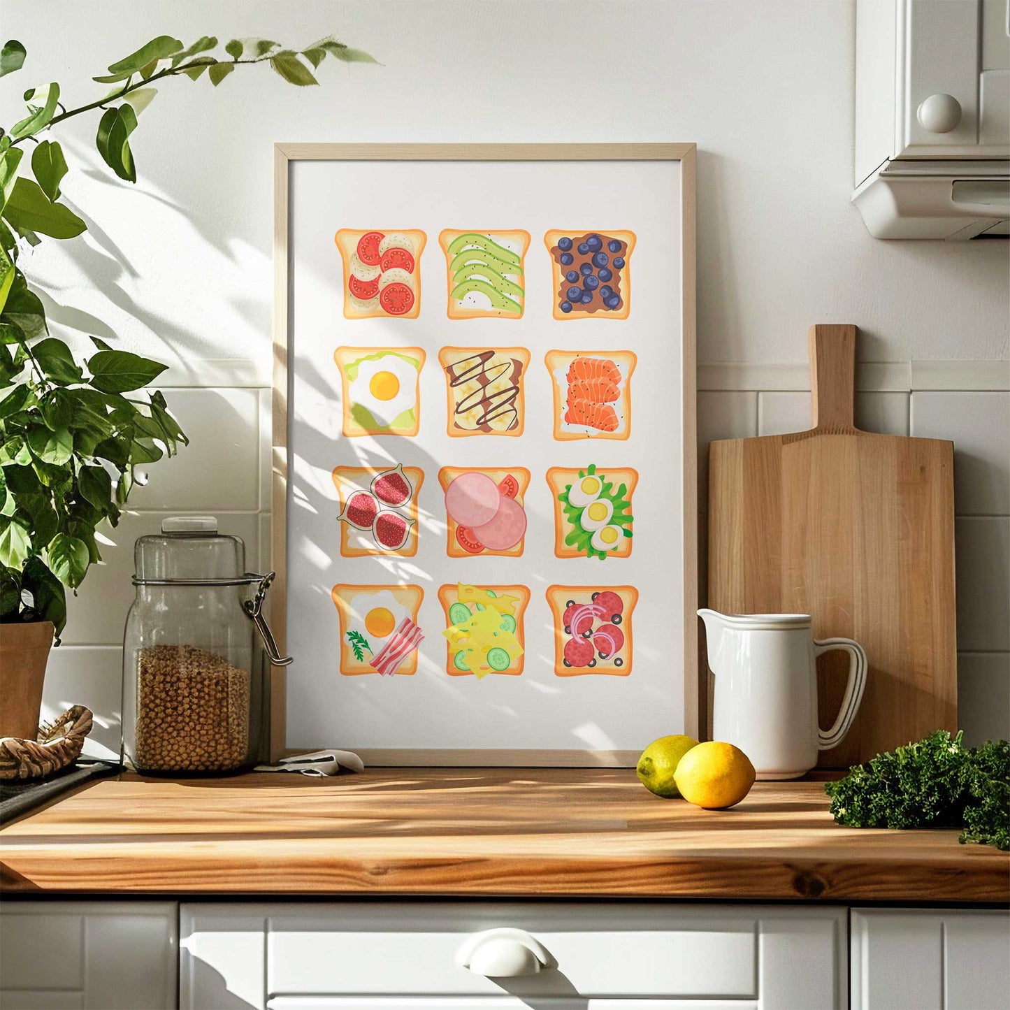 breakfast toast print mockup frame kitchen counter