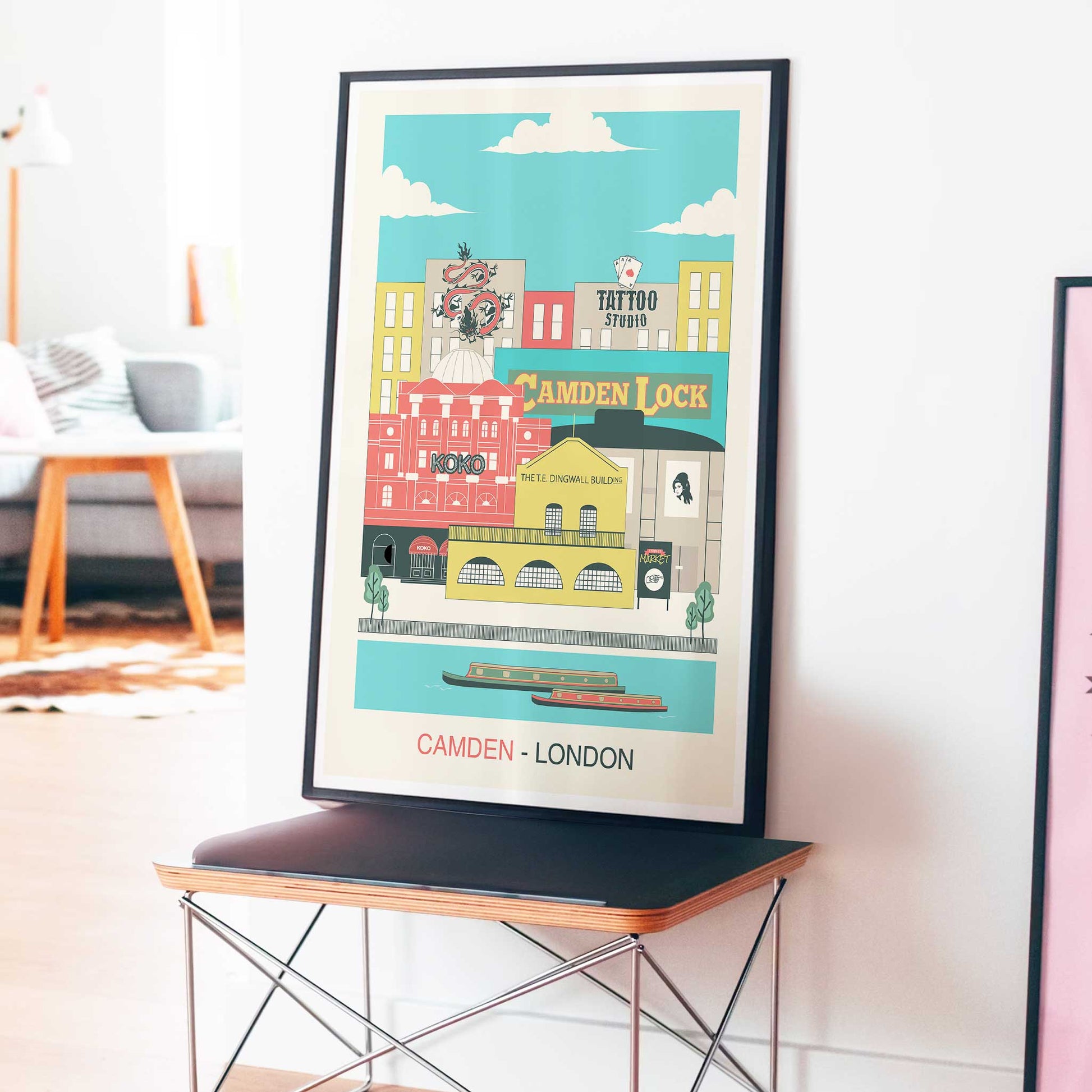 camden london print illustration landmarks mockup dark frame trendy apartment