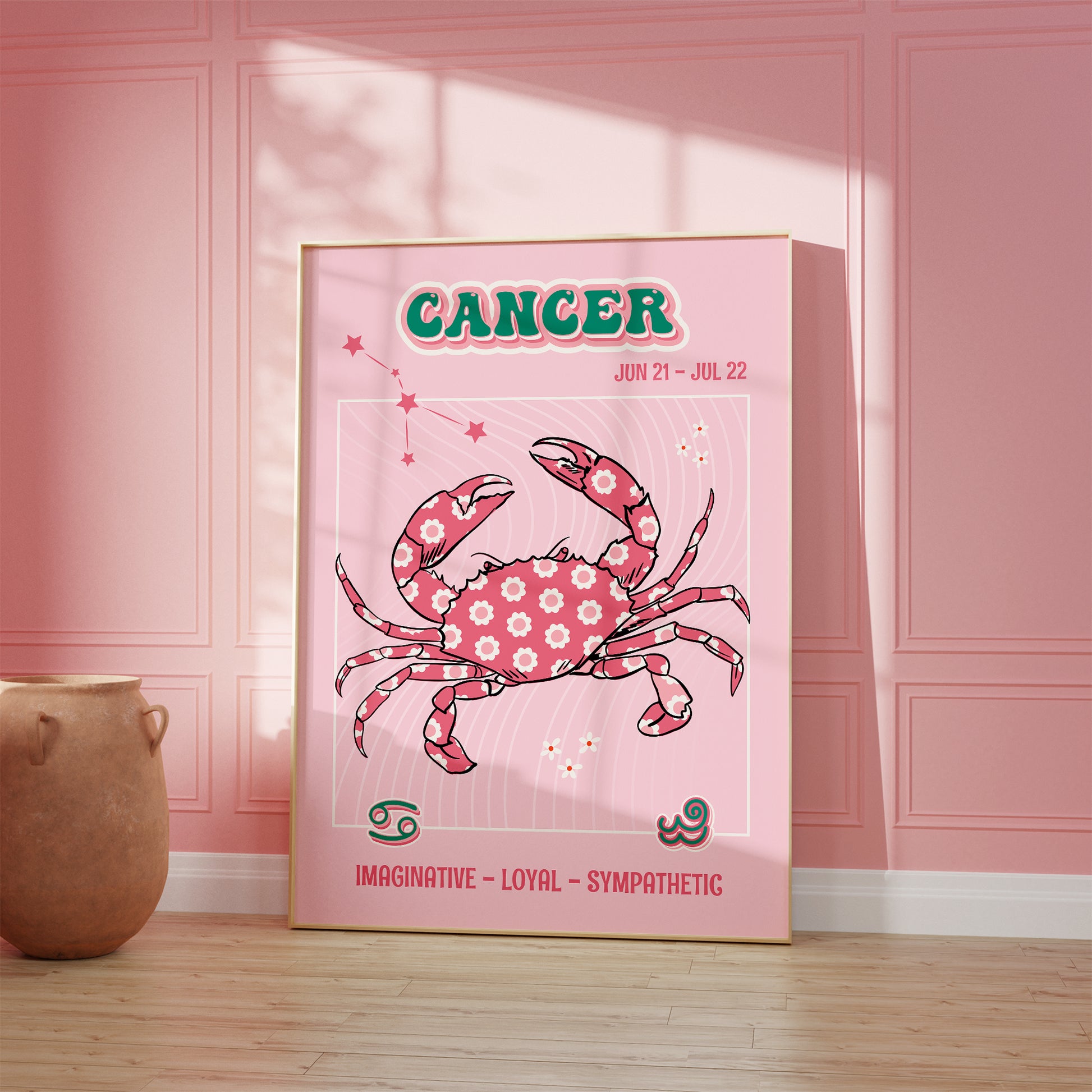 cancer zodiac print retro style framed mockup trendy living room