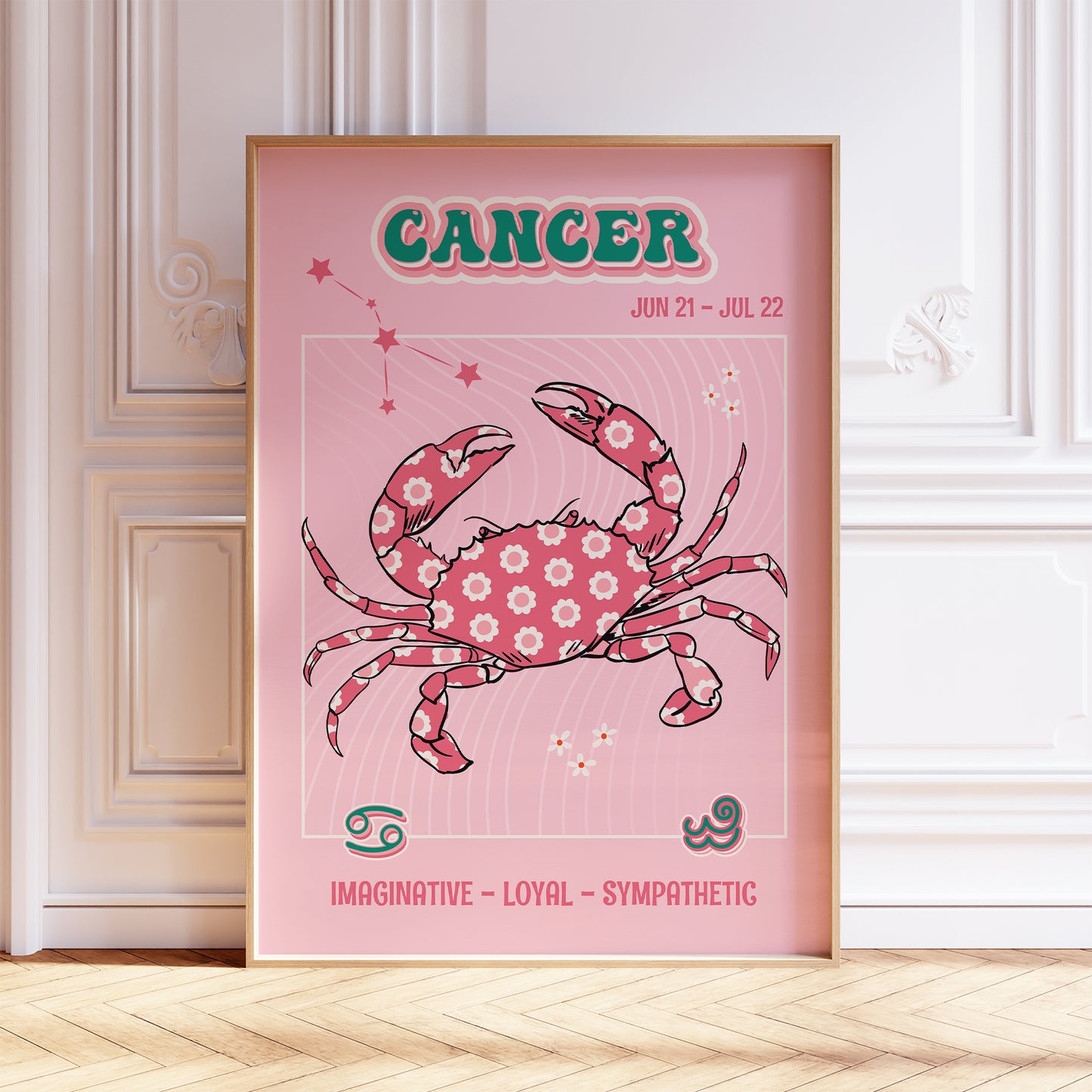 cancer zodiac print retro style framed mockup trendy living room