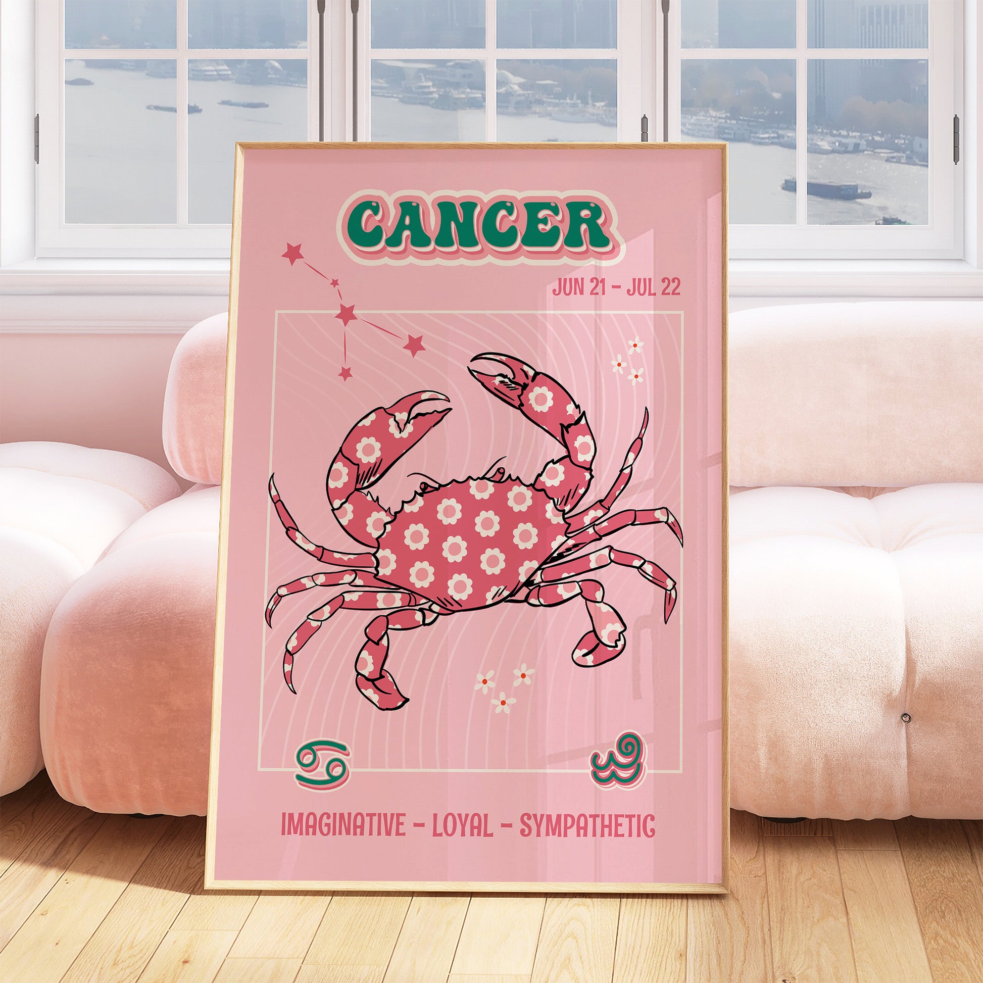 cancer zodiac print retro style framed mockup trendy living room