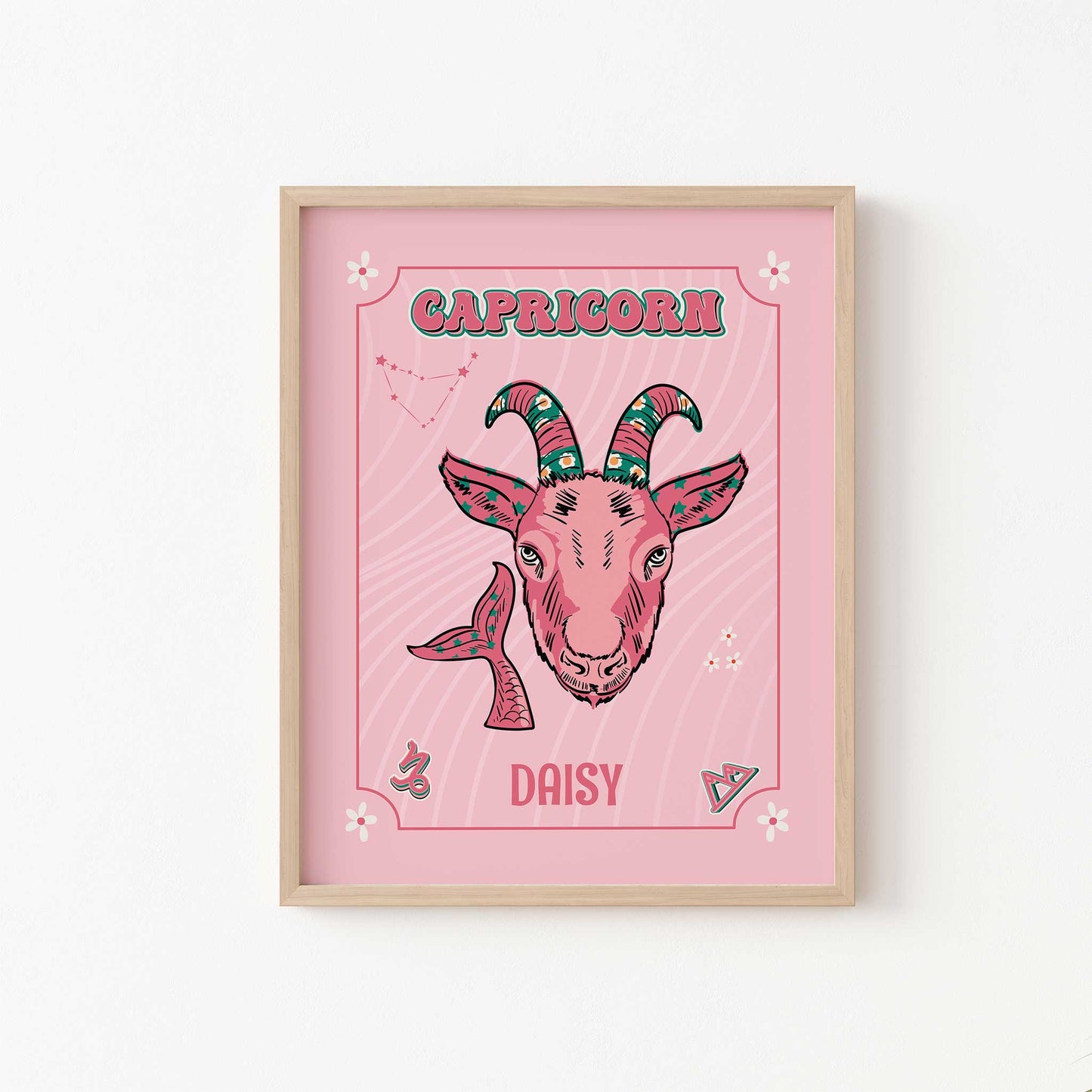 personalised capricorn zodiac print wooden frame mockup