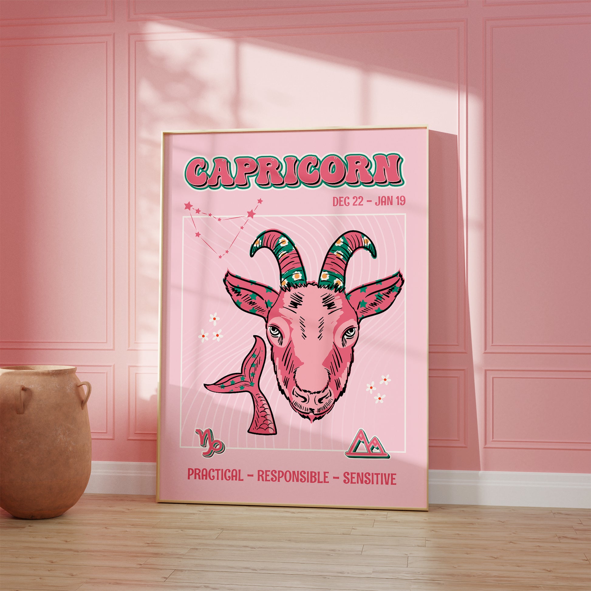 capricorn zodiac print retro style framed mockup trendy living room