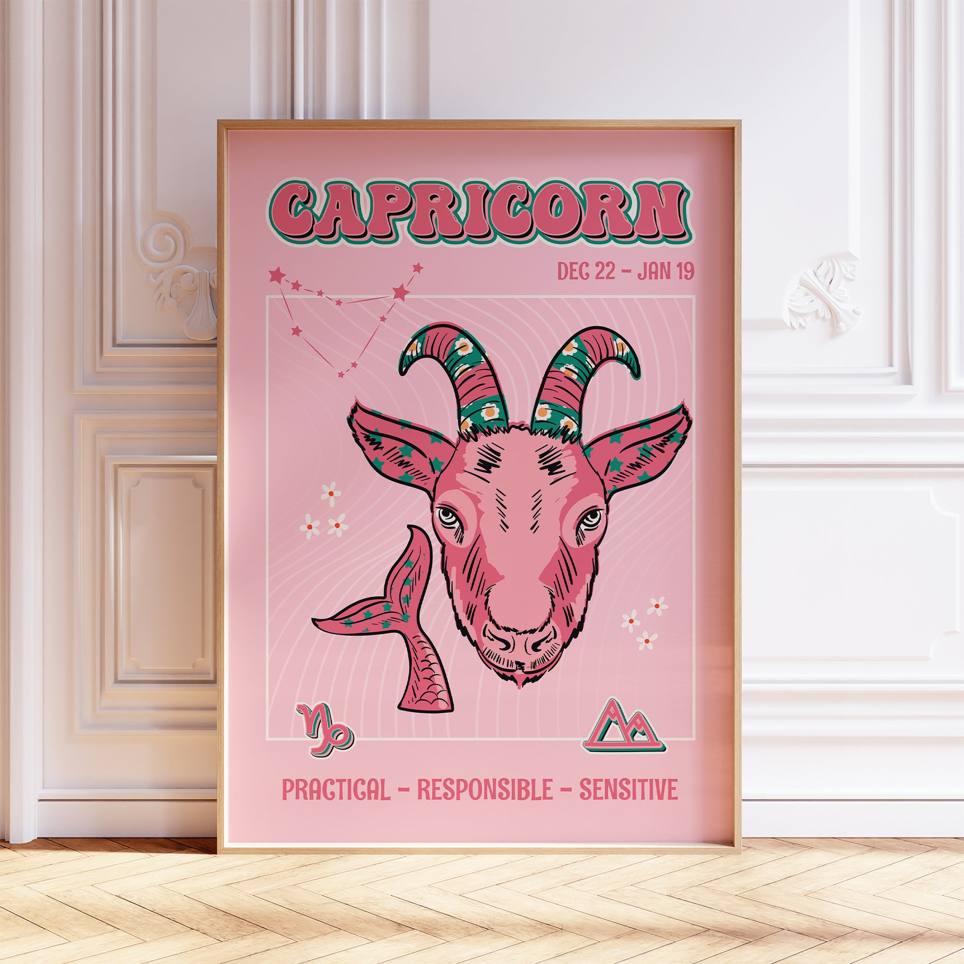 capricorn zodiac print retro style framed mockup trendy living room