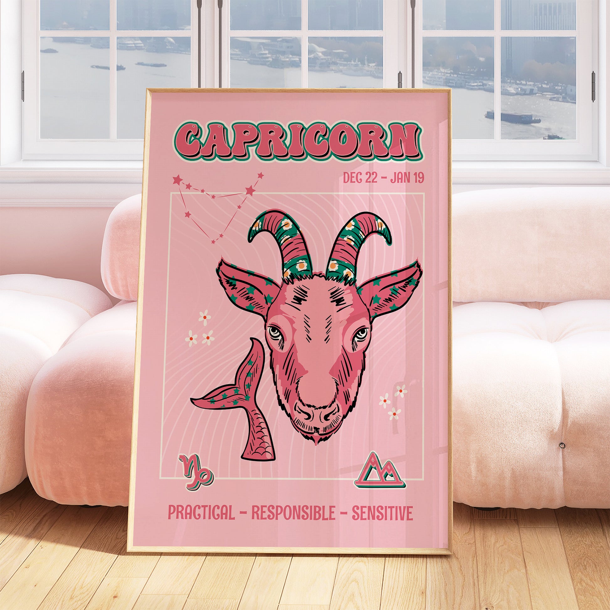 capricorn zodiac print retro style framed mockup trendy living room