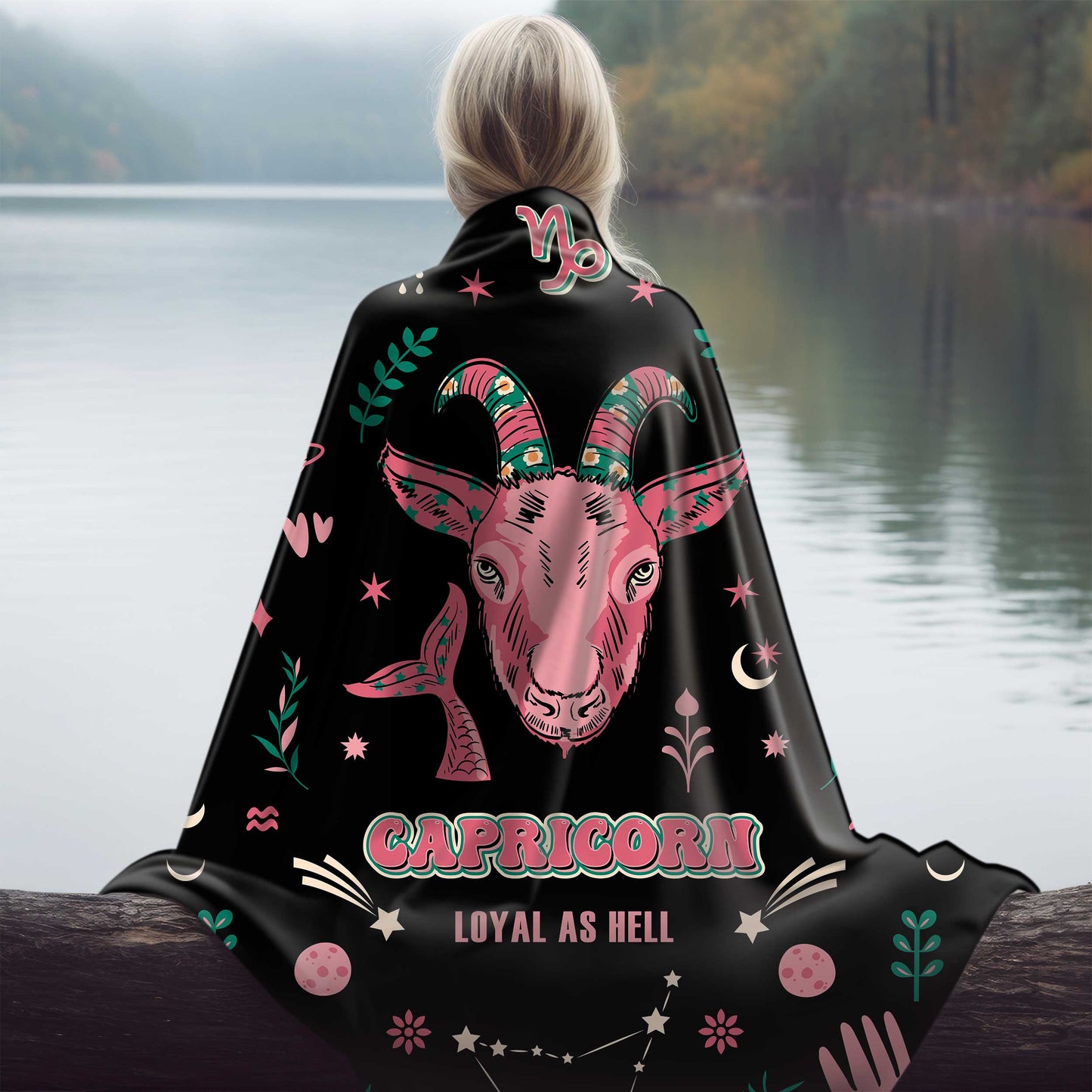 capricorn zodiac sherpa blanket draped girl by river