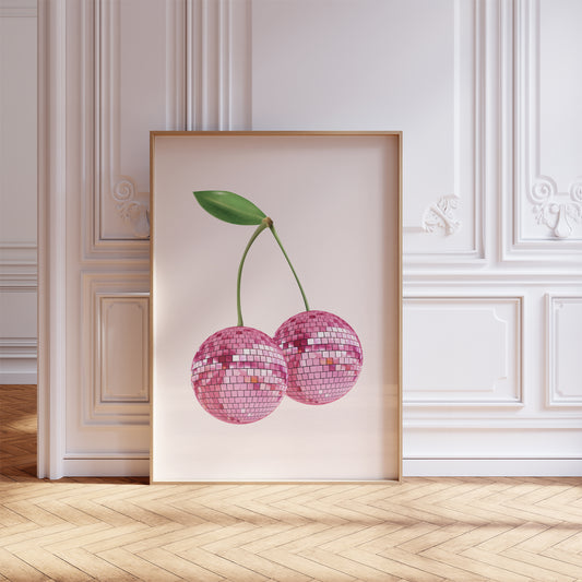 cherry disco ball print pink cherries mockup light wooden frame