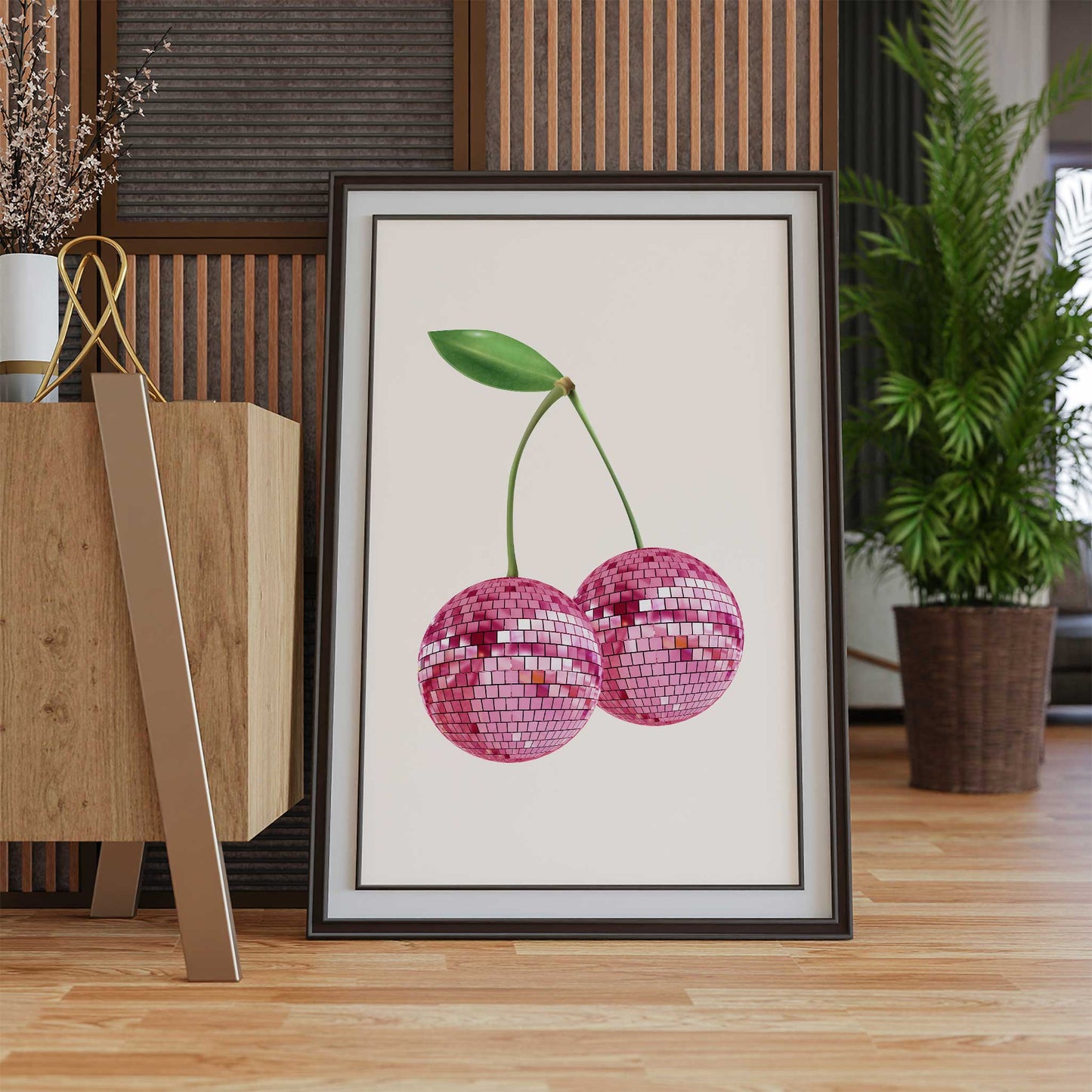 cherry disco ball print pink cherries mockup dark wooden frame