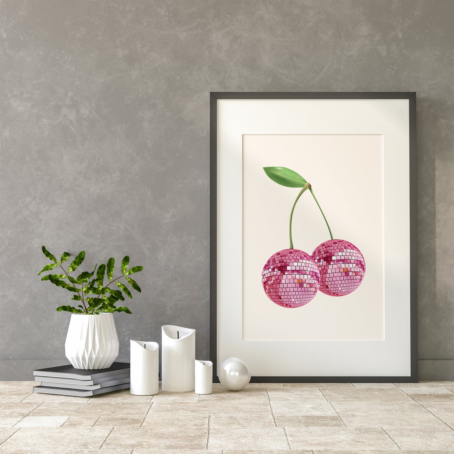 cherry disco ball print pink cherries mockup grey frame