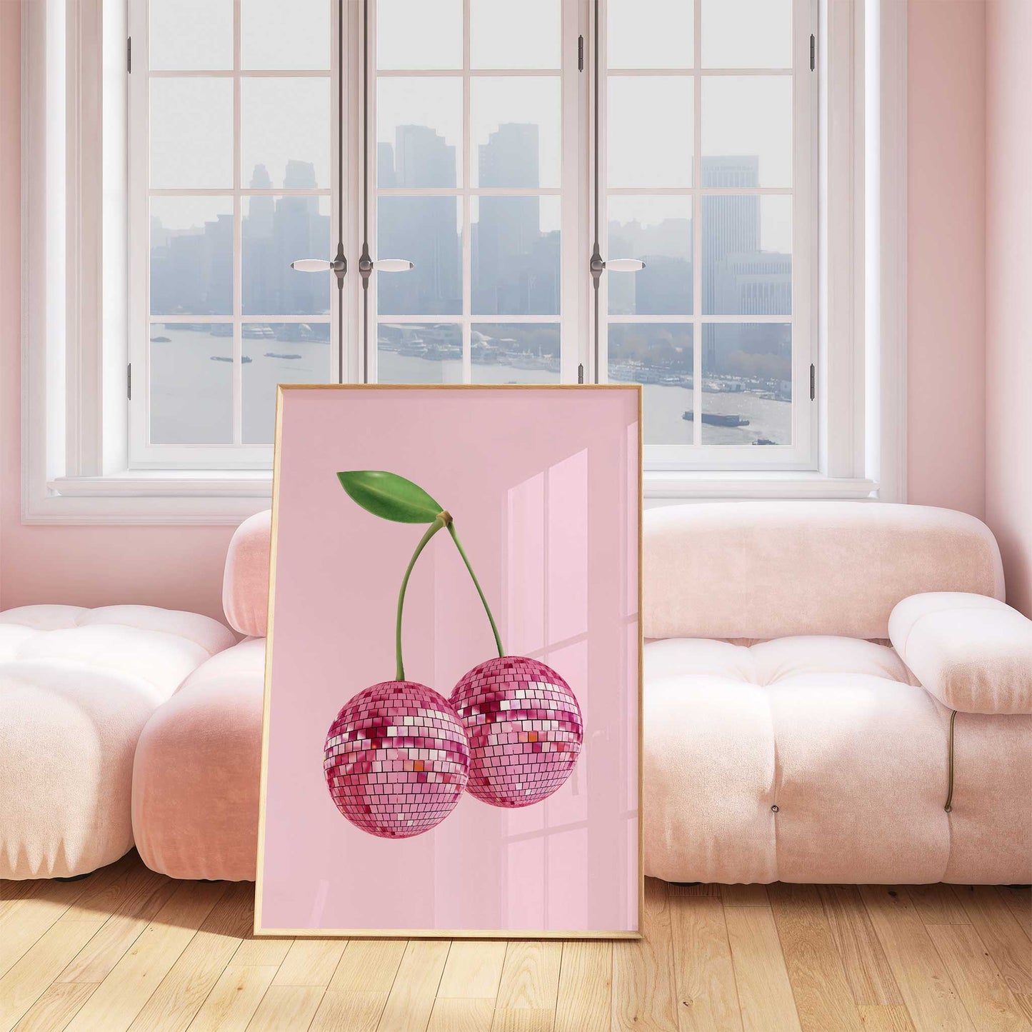 cherry disco ball print pink cherries mockup light wooden frame pink sofa