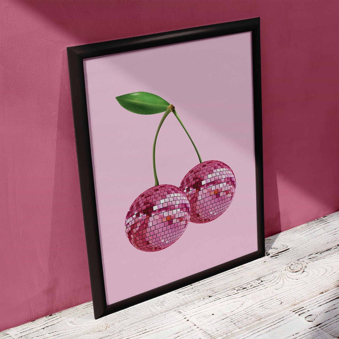 cherry disco ball print pink cherries mockup black frame pink wall