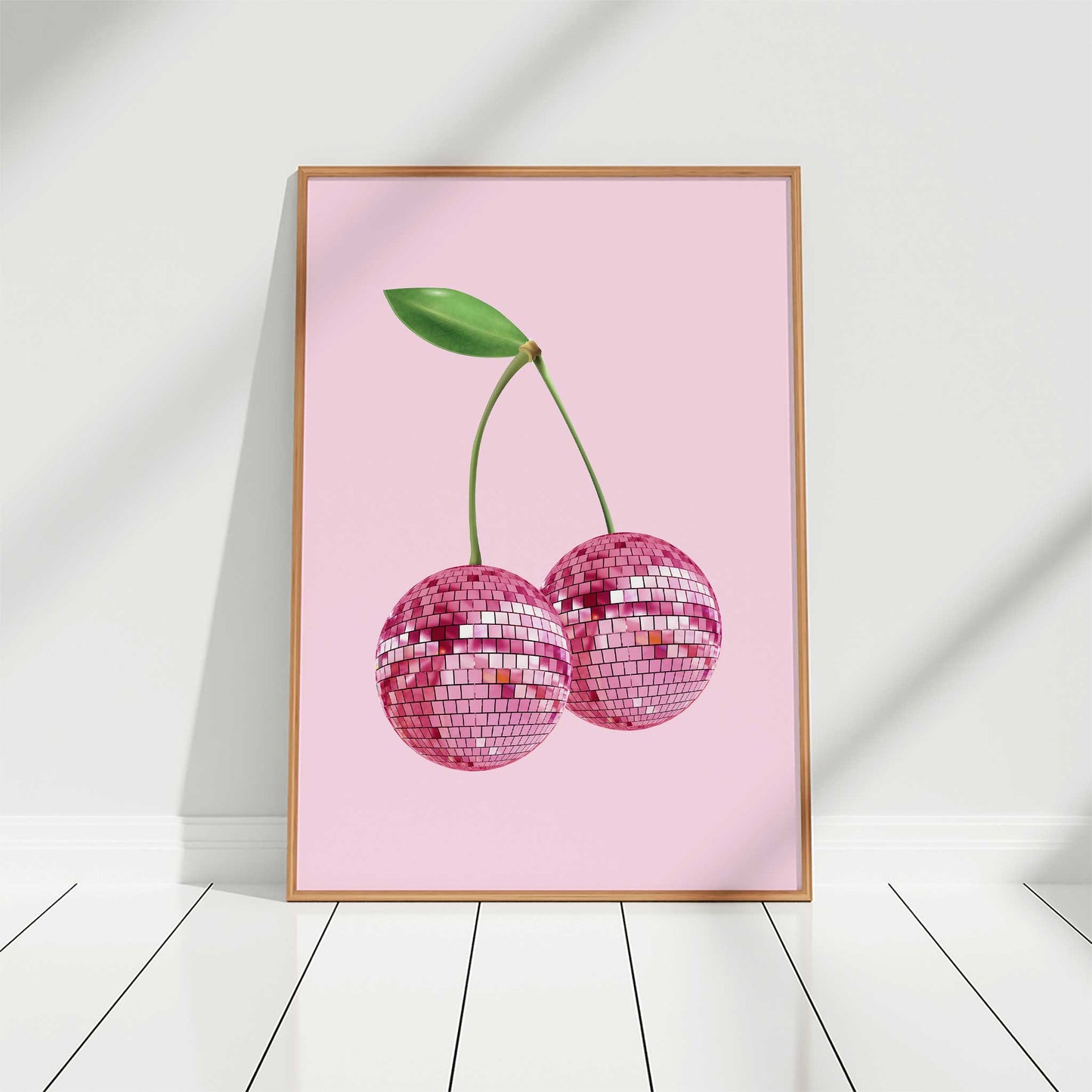 cherry disco ball print pink cherries mockup light wooden frame white wall