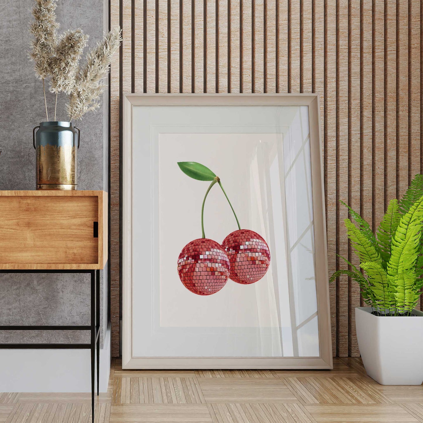 cherry disco ball print red cherries mockup light wooden frame