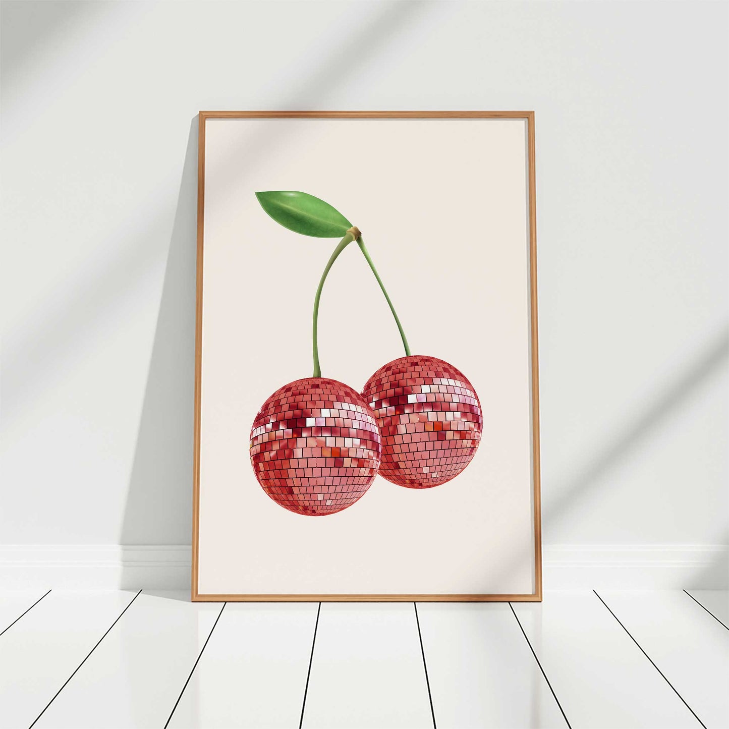 cherry disco ball print red cherries mockup dark wooden frame